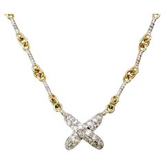 18 Karat Two-Tone Gold Circle Link Necklace with Pave Diamond 'X' Pendant