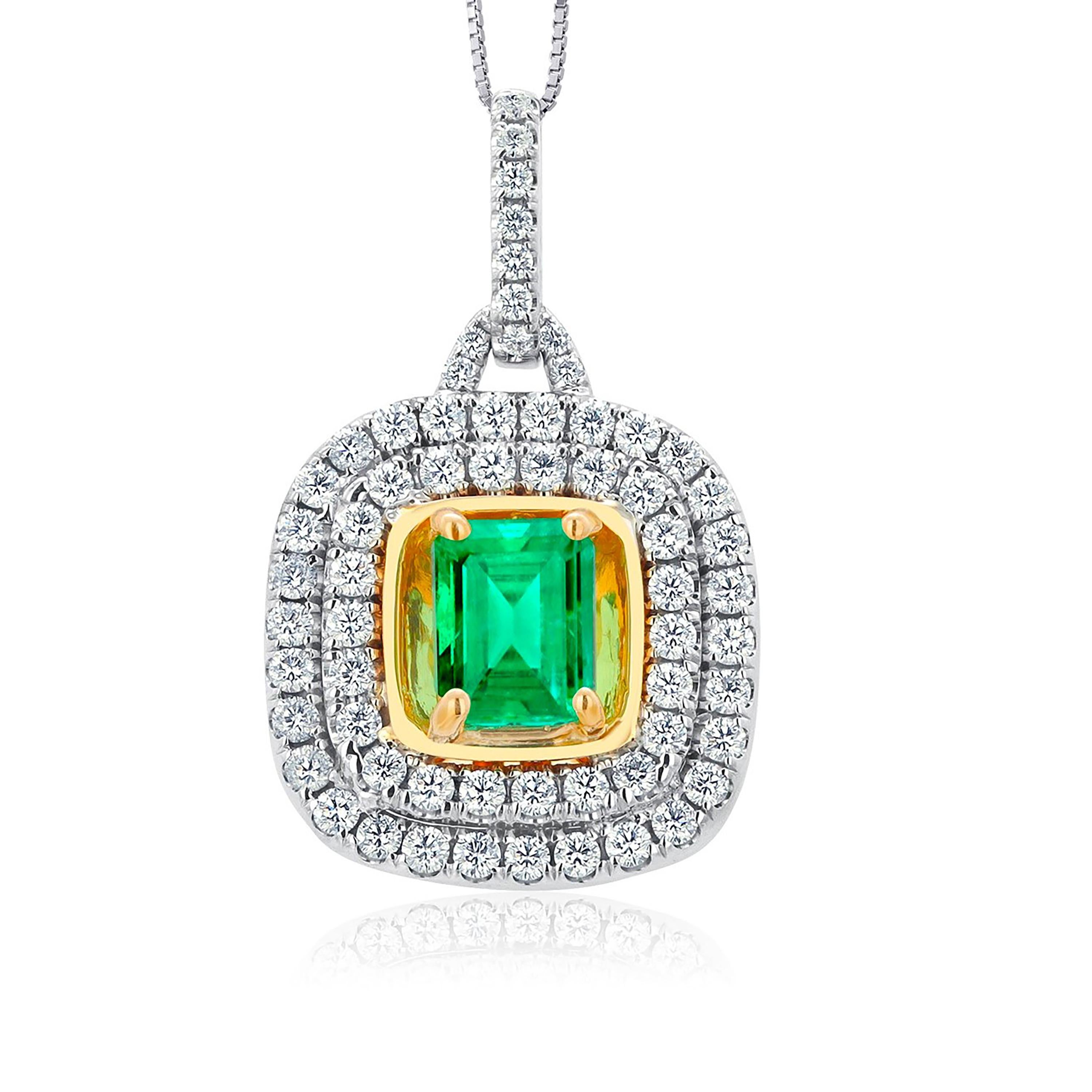 Pendentif en or bicolore 18 carats avec double rangée de diamants et émeraudes de 16 pouces en vente 2