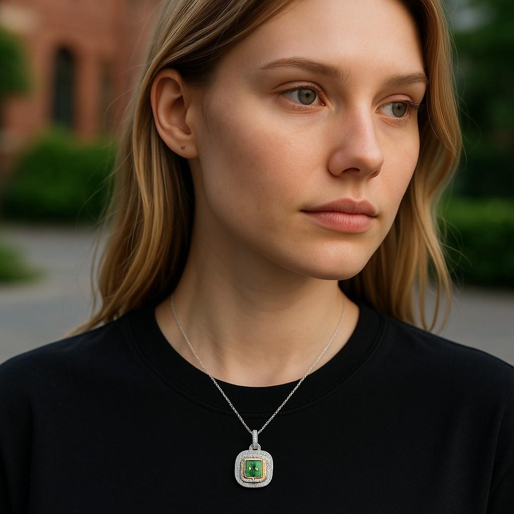 Contemporain Pendentif en or bicolore 18 carats avec double rangée de diamants et émeraudes de 16 pouces en vente