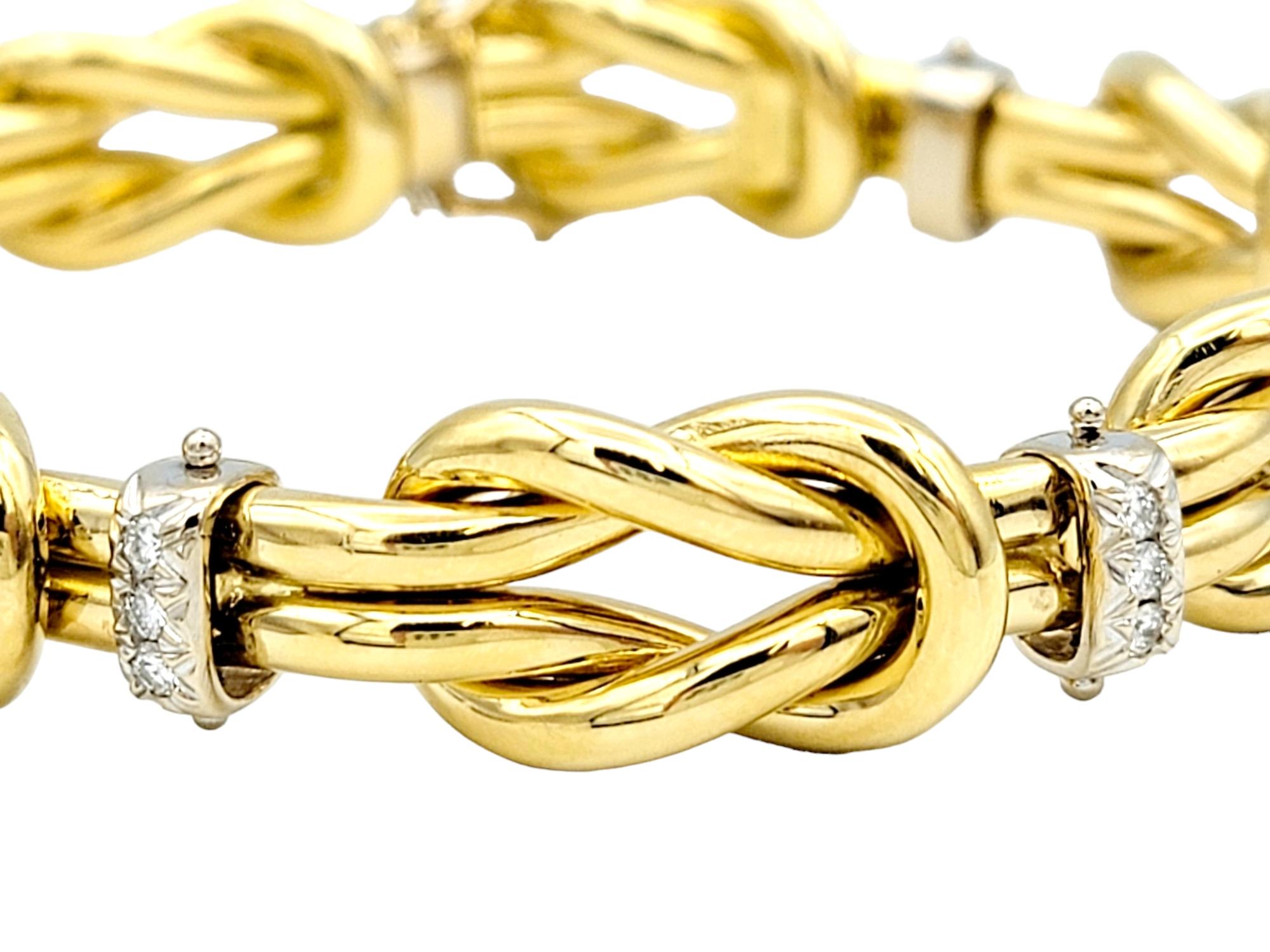 Contemporary  18 Karat Two-Tone Gold Love Knot and Round Diamond Station Link Bracelet 