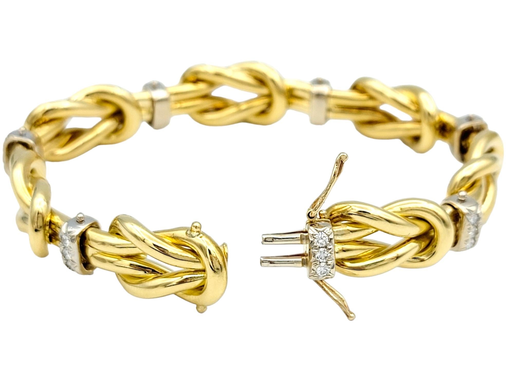 Women's  18 Karat Two-Tone Gold Love Knot and Round Diamond Station Link Bracelet 