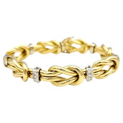  18 Karat Two-Tone Gold Love Knot and Round Diamond Station Link Bracelet 