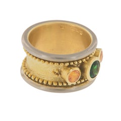 18 Karat Two Tone Gold Tsavorite and Mexican Opal Band Ring by Patrick Irla