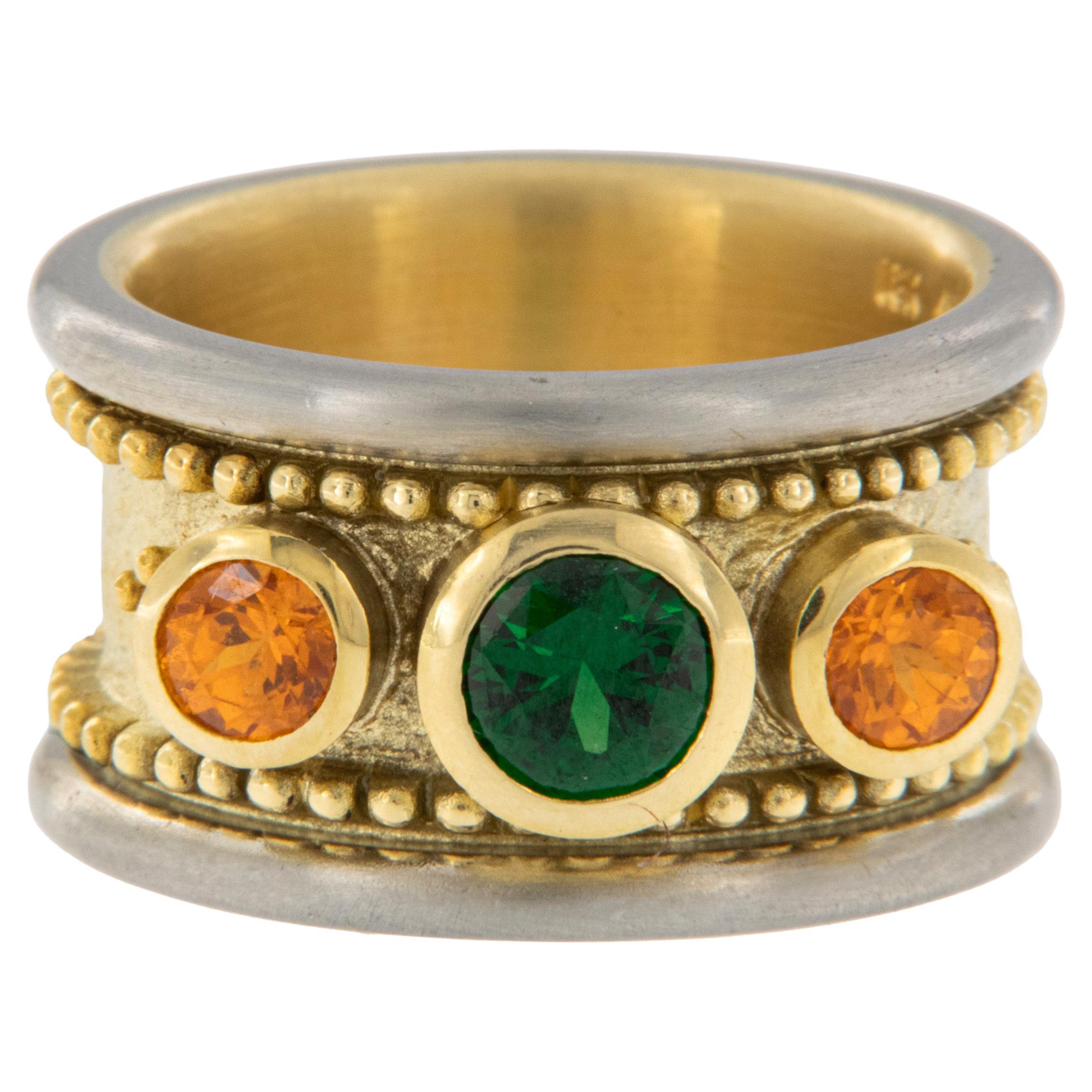 18 Karat Two Tone Gold Tsavorite and Mexican Opal Band Ring by Patrick Irla For Sale