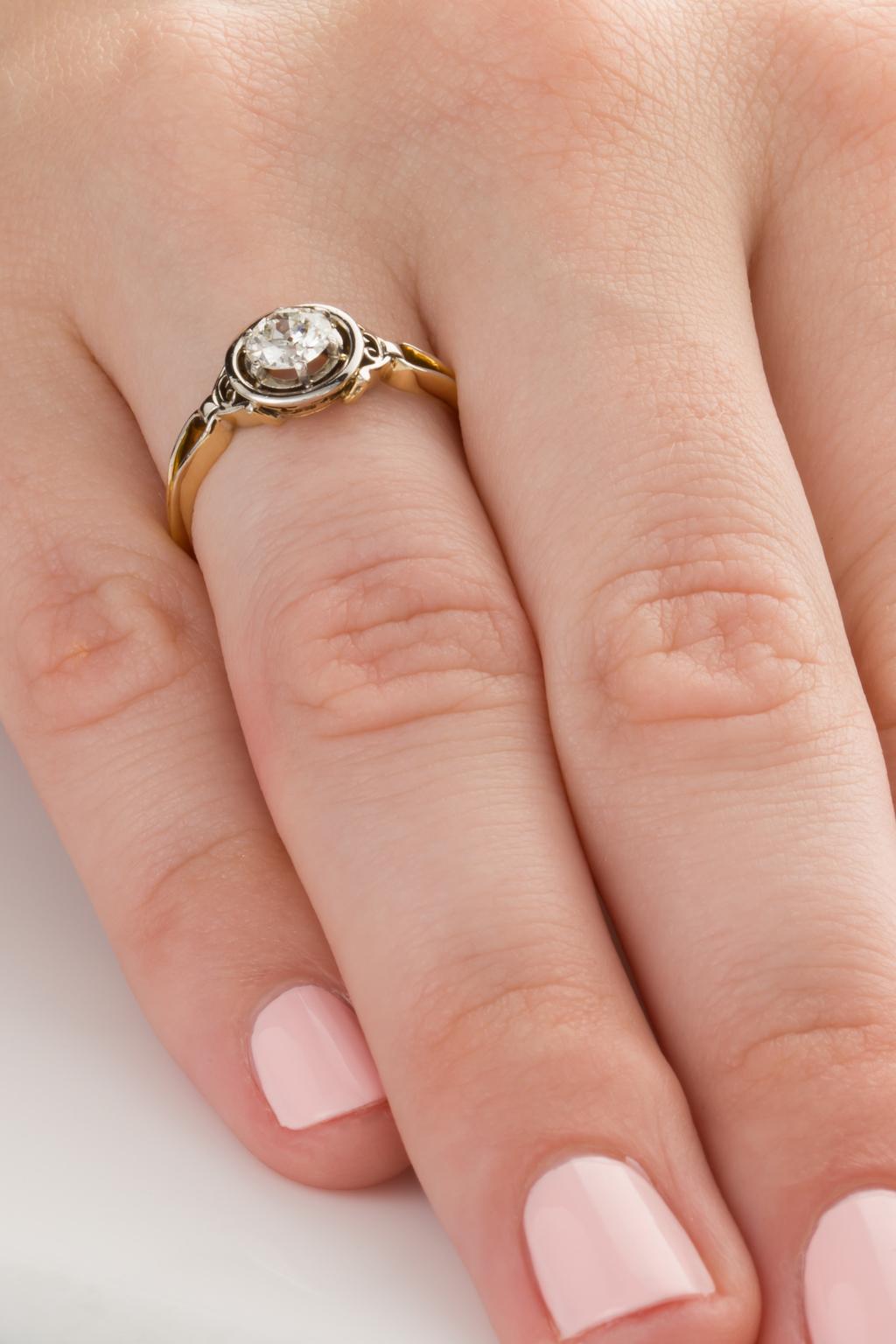 Women's 18 Karat Two Tone Gold Vintage Diamond Solitaire Engagement Ring