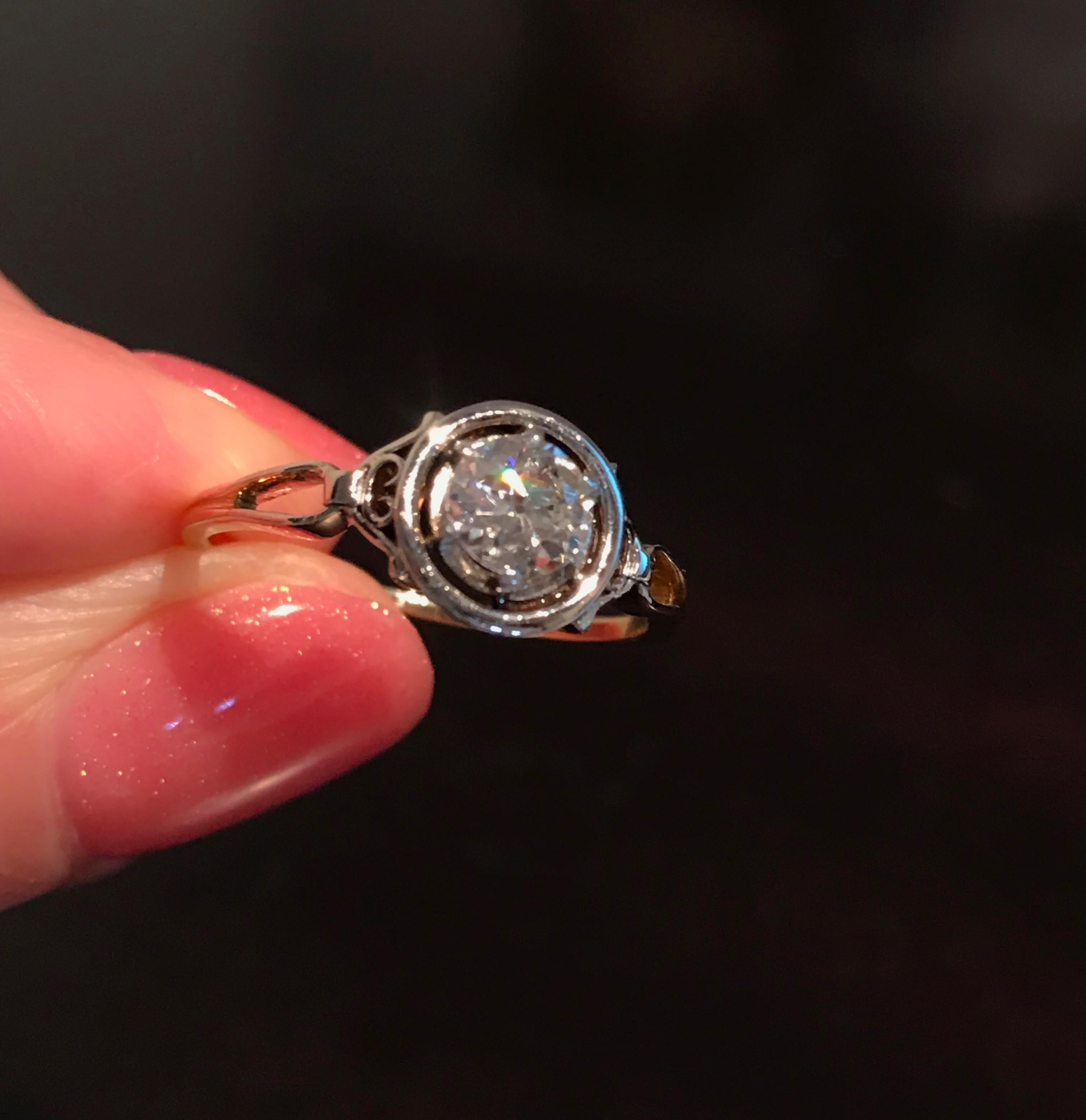 18 Karat Two Tone Gold Vintage Diamond Solitaire Engagement Ring 1