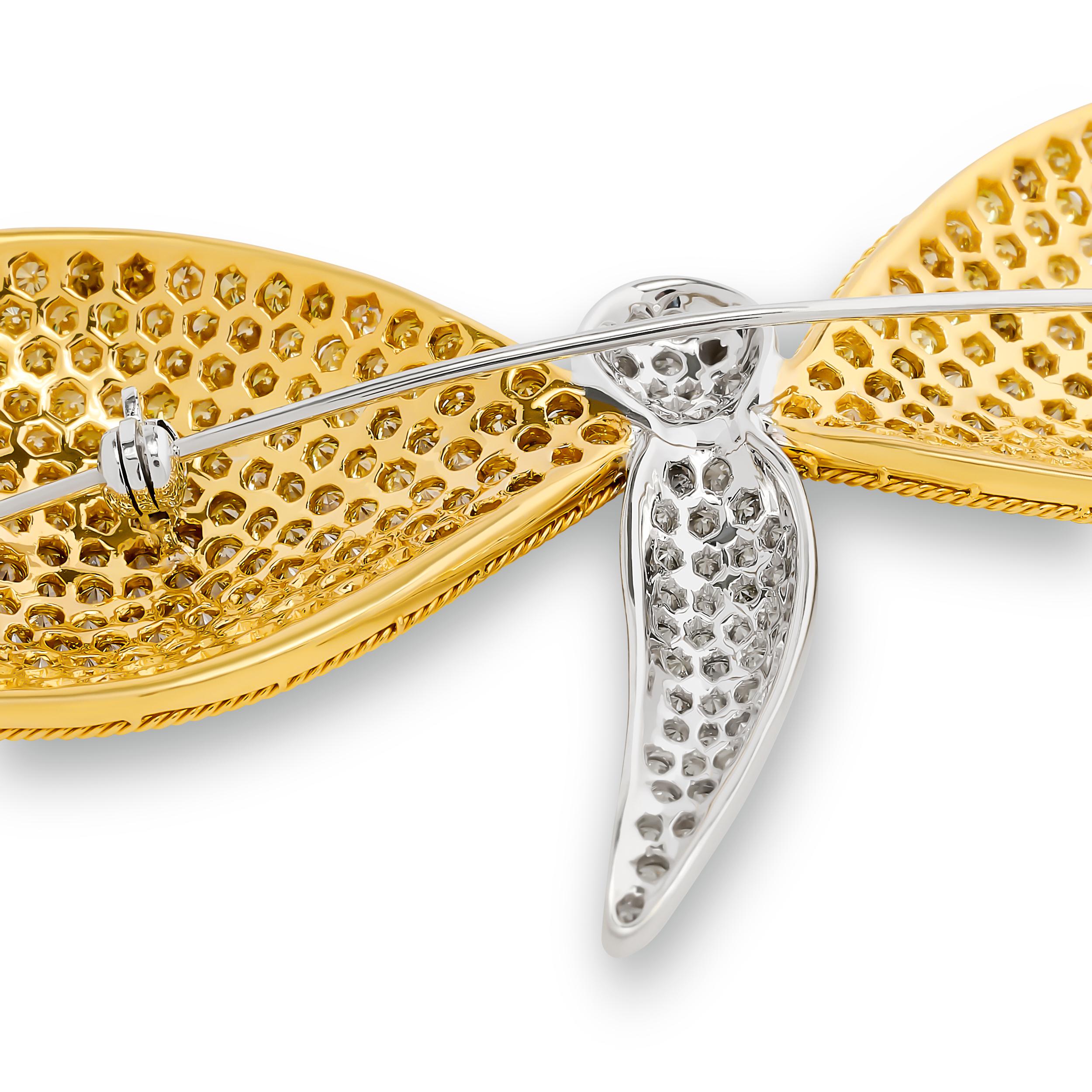 Round Cut 18 Karat Two Tone Gold Yellow Diamond and White Diamond Dragonfly Pin For Sale