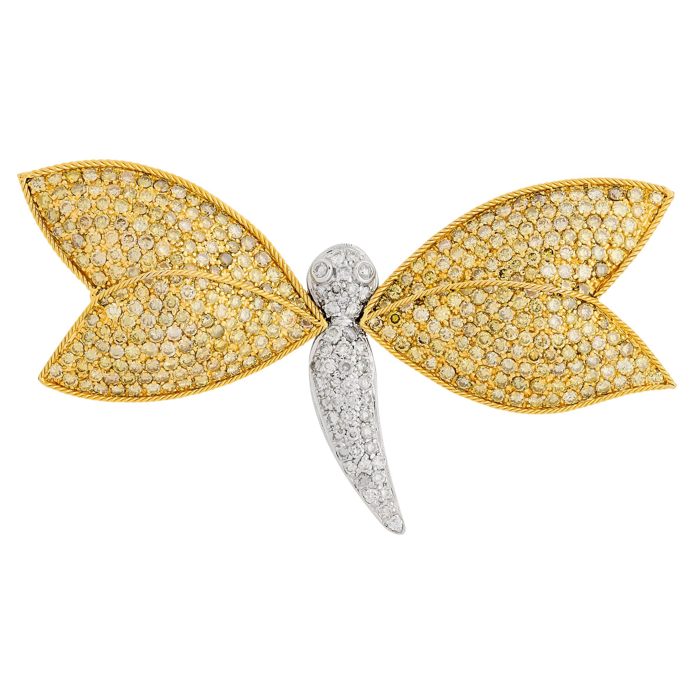 Spilla a forma di libellula in oro giallo e diamante bianco 18 carati bicolore