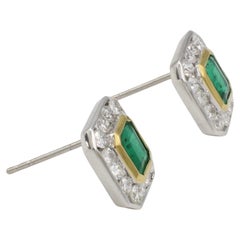 18 Karat Two-Tone Natural Green Emerald & Diamond Halo Stud Earrings