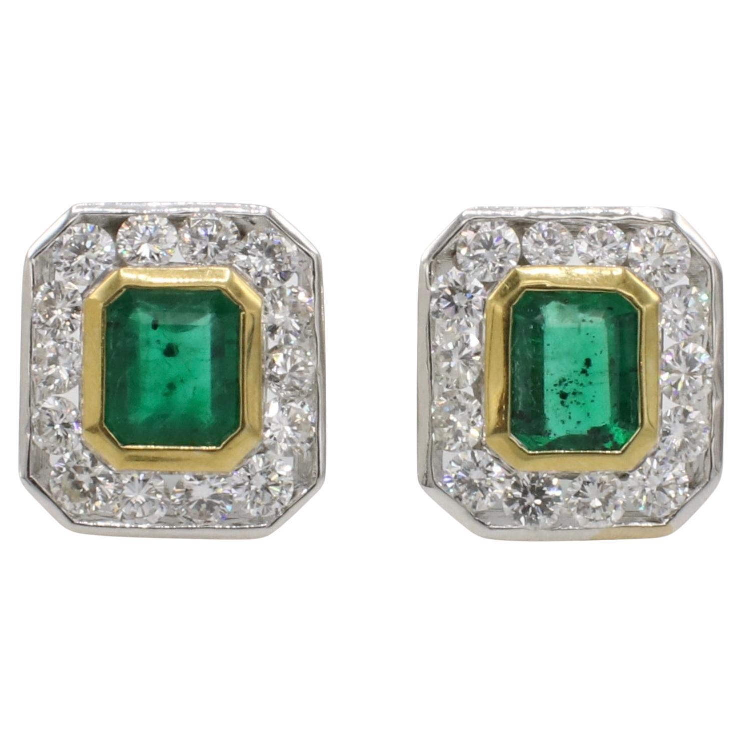 18 Karat Two-Tone Natural Green Emerald 
Diamond Halo Stud Earrings For Sale