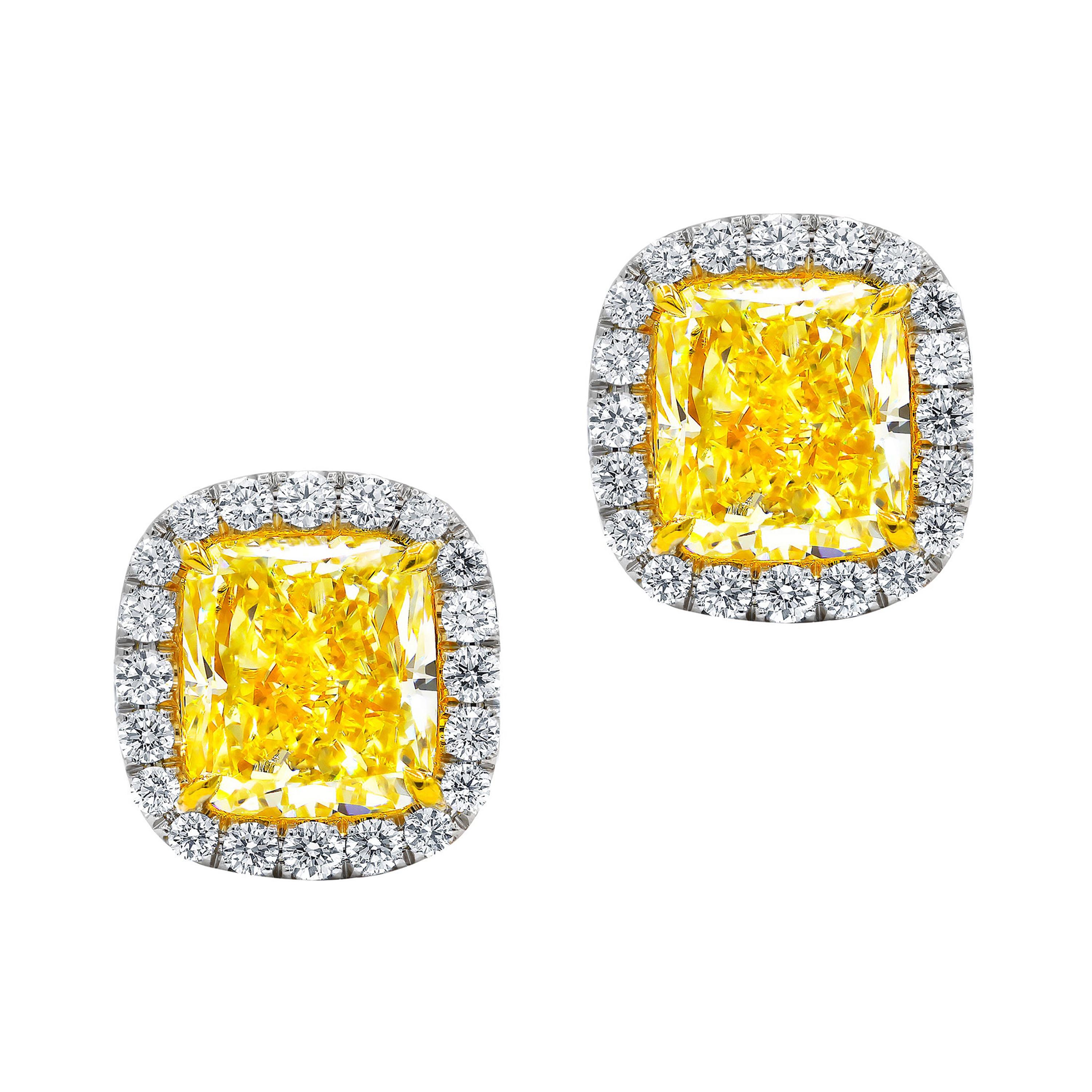 18 Karat Two Tone Stud Earrings with 1.51cts of fancy yellow diamonds  For Sale