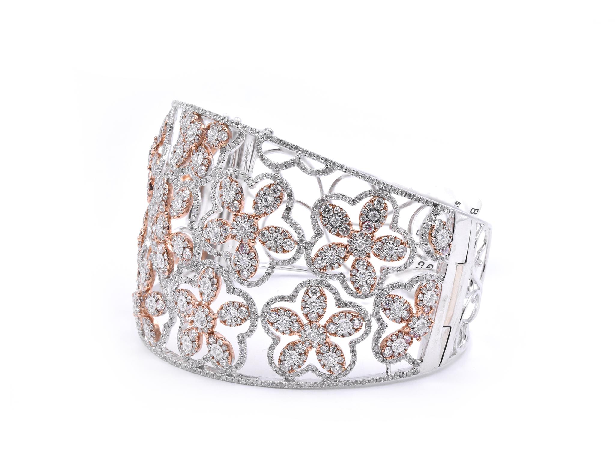 Round Cut 18 Karat Two-Tone Wide Diamond Open Floral Bangle Bracelet