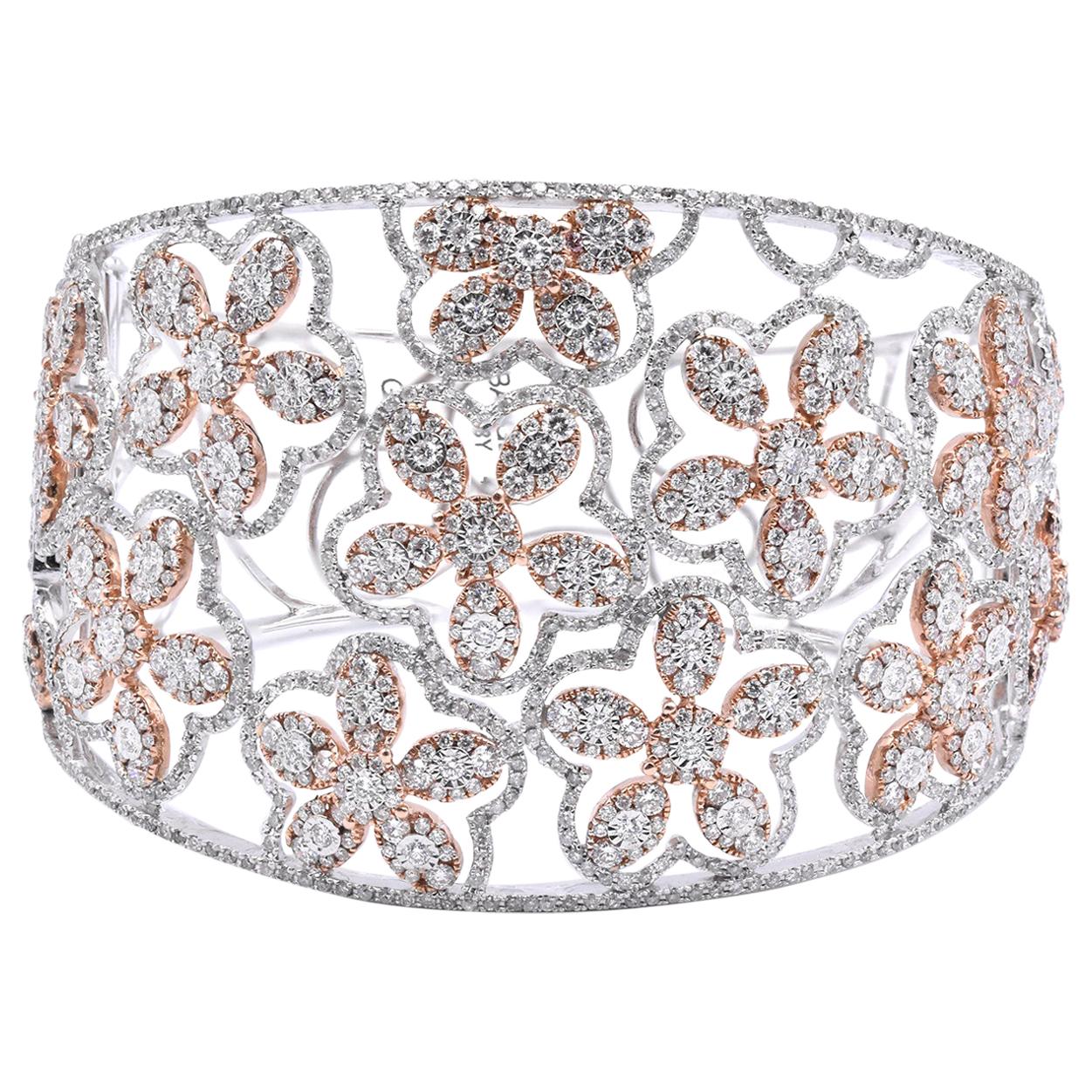 18 Karat Two-Tone Wide Diamond Open Floral Bangle Bracelet