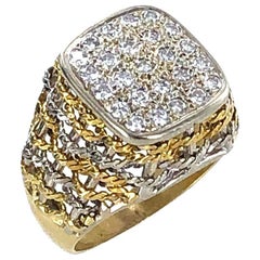 18 Karat Two-Tone Woven Gold Diamond Square Top Vintage Cocktail Ring
