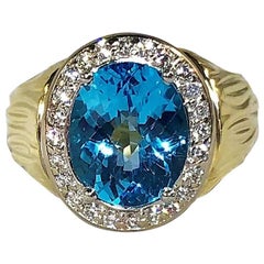 18 Karat Two-Tone Yellow and White Gold Blue Topaz and Diamond Cocktail Ring