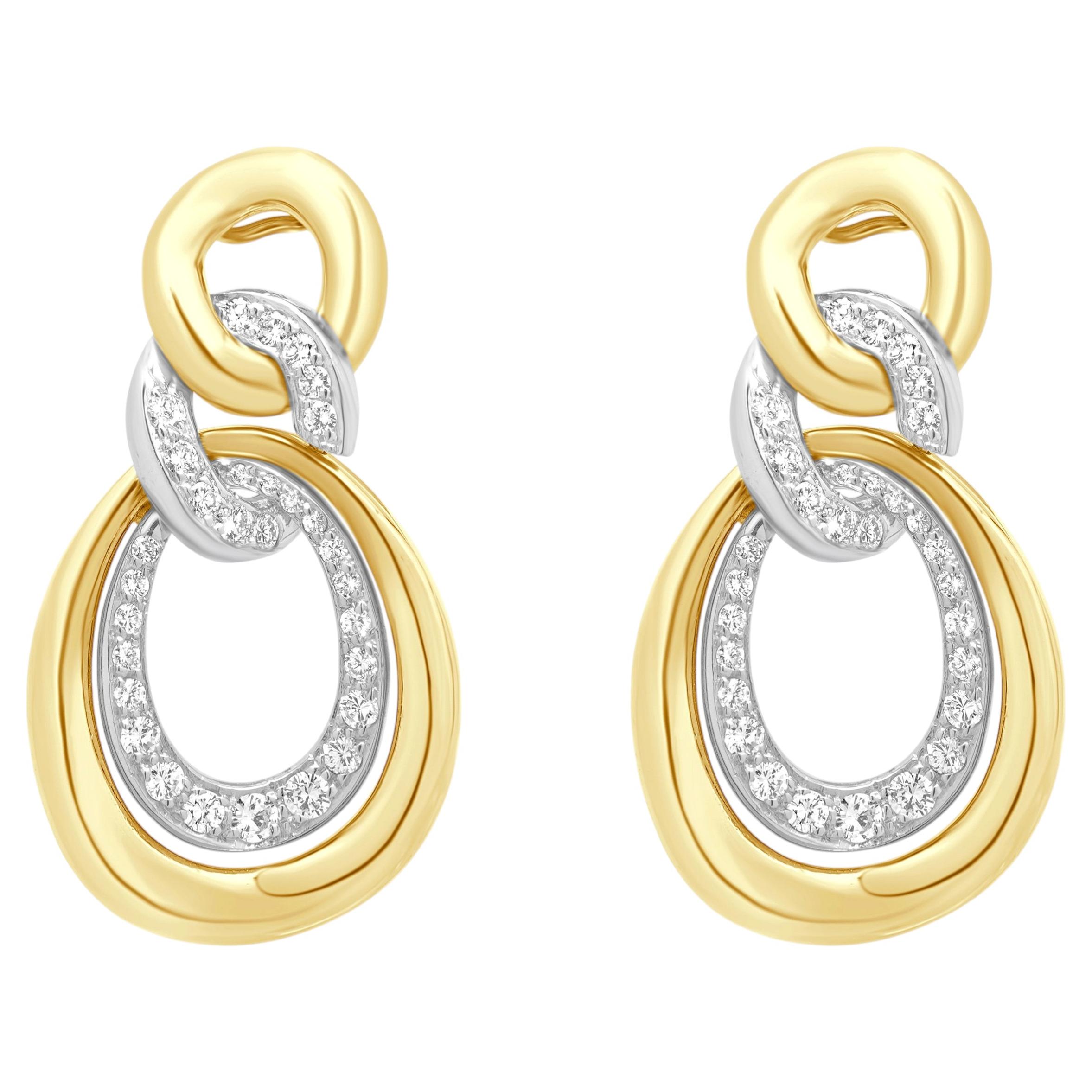 18 Karat Two-Tone Yellow and White Gold Round Diamond Oval Link Dangle Earrings