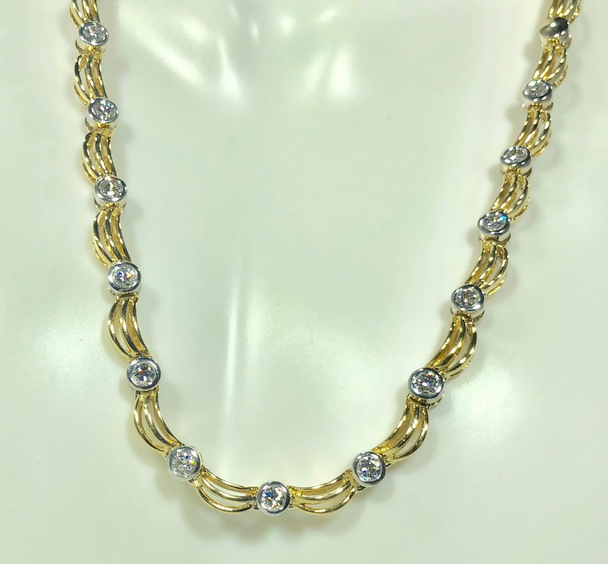 Round Cut 18 Karat Two-Tone Yellow/ White Gold and 1.0 Carat Diamond Fancy Link Necklace