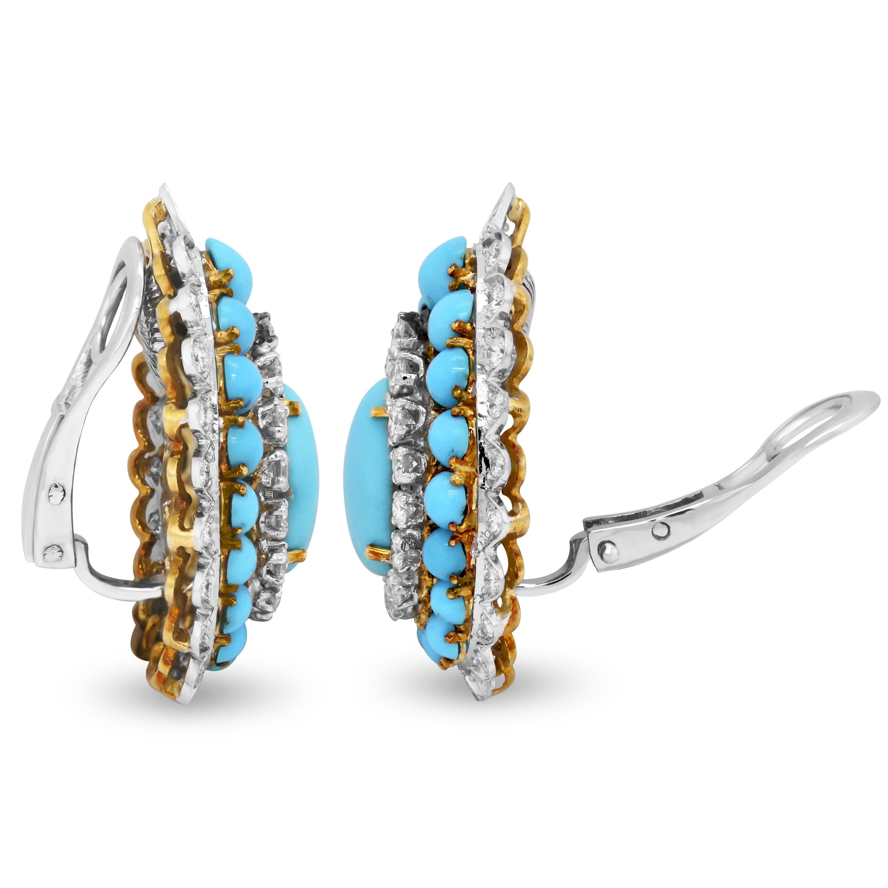 18 Karat Two Tone Yellow White Gold Diamond Sleeping Beauty Turquoise Earrings

These one-of-a-kind earrings feature some of the most high-quality turquoise we have ever seen. The centers have one pear shape turquoise each with a row of rounds along