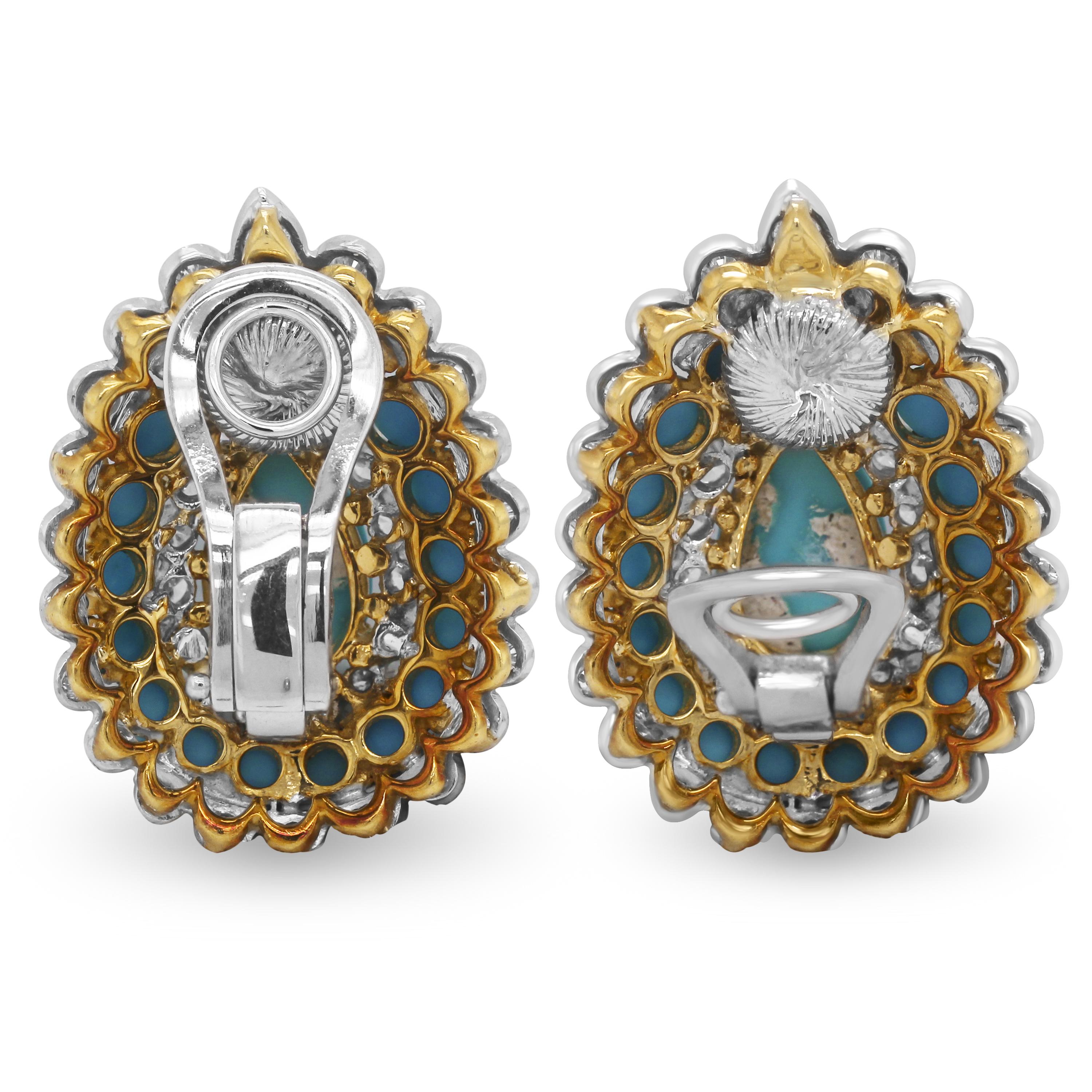 Contemporary 18 Karat Two Tone Yellow White Gold Diamond Sleeping Beauty Turquoise Earrings