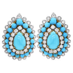 18 Karat Two Tone Yellow White Gold Diamond Sleeping Beauty Turquoise Earrings