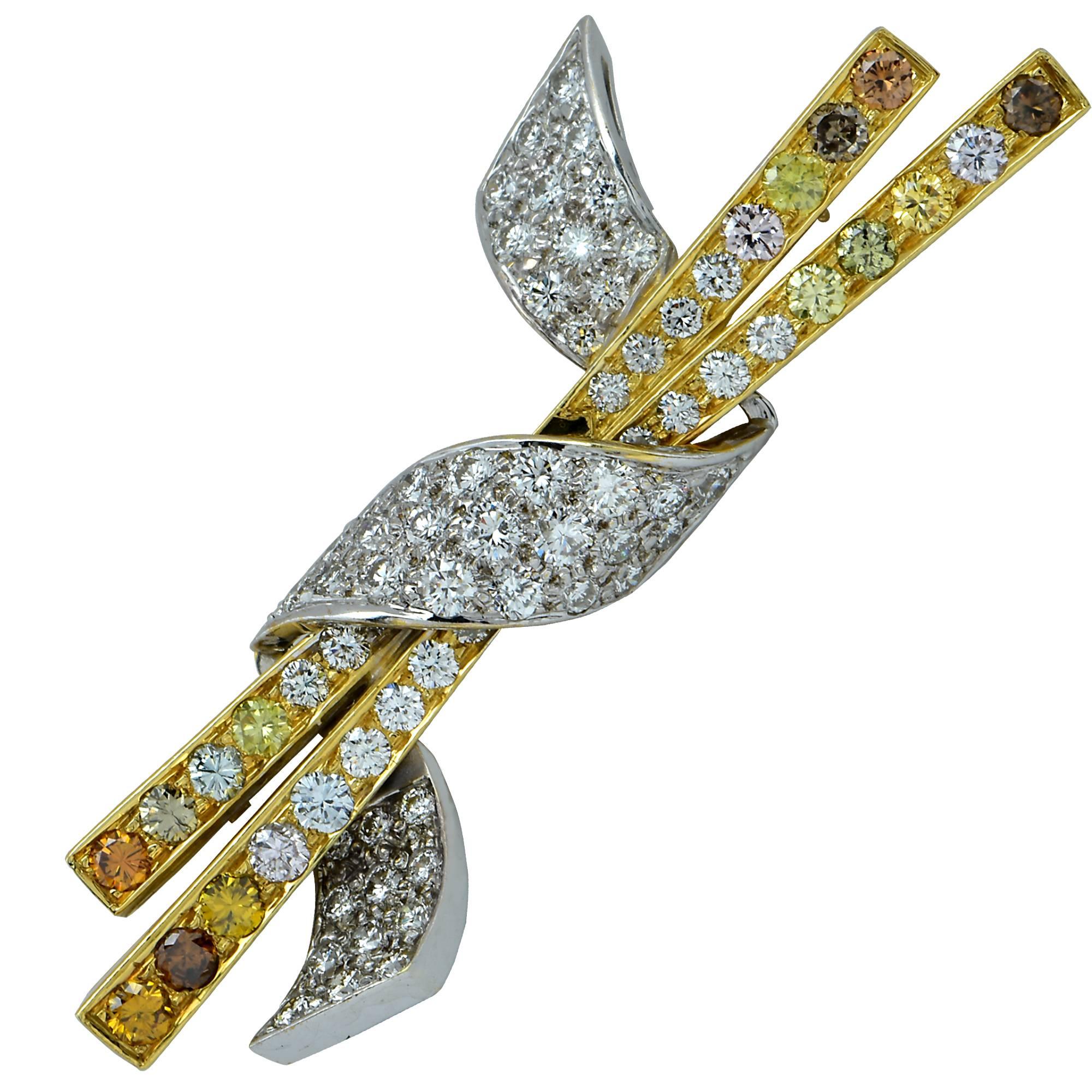 18 Karat Two-Toned Fancy Colored Diamond Broach Pin