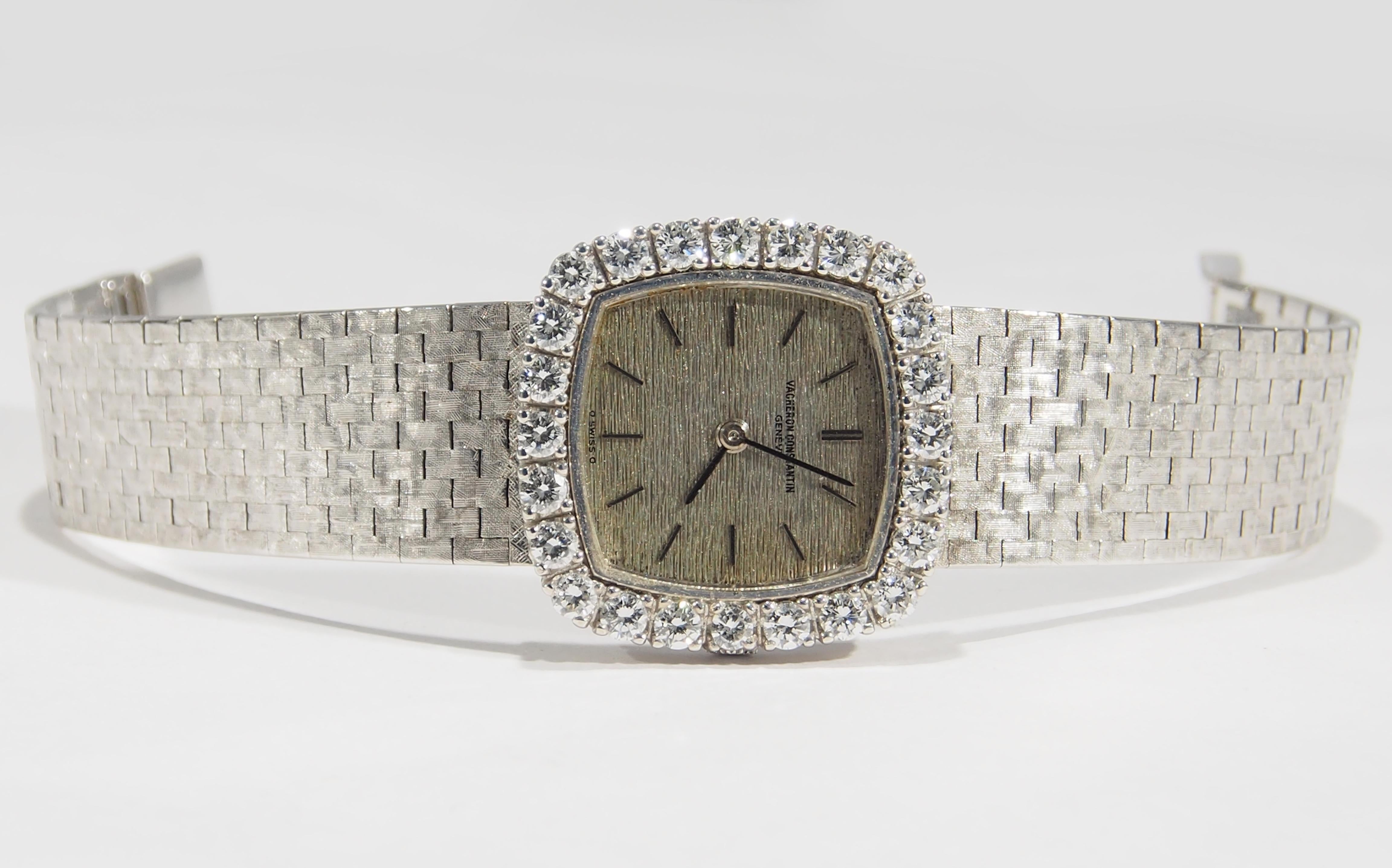 From the luxury Swiss Watch Maker, Vacheron & Constantin is this 18K White Gold Ladies Watch accented with (24) Round Brilliant Cut Diamonds, approximately 2.40ctw, G in Color, VS in Clarity. This special Vintage Watch was created in 1960 with the