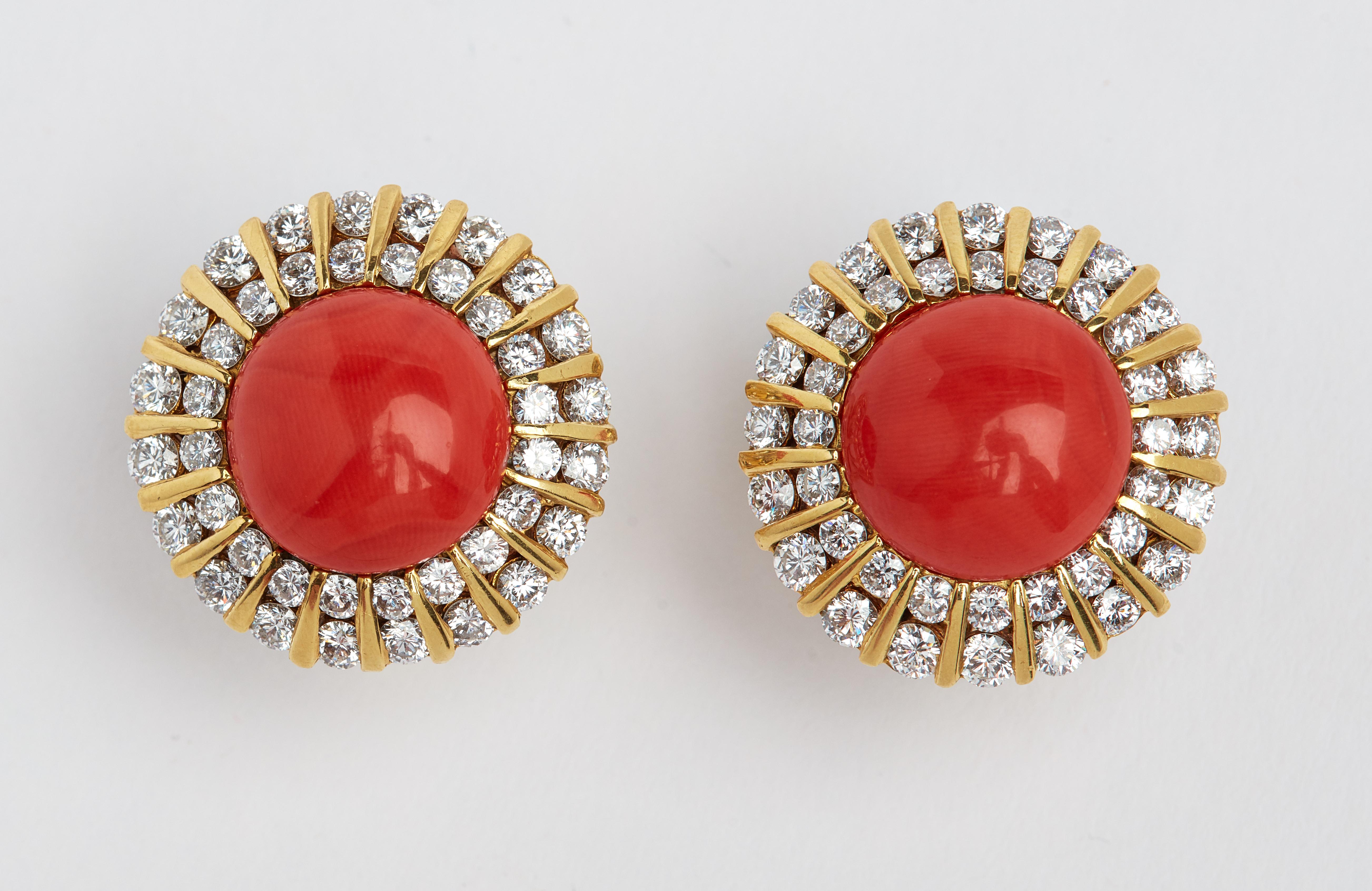 Very Fine Coral and Diamond Earrings. 18K Yellow gold. 80 diamonds. approximately 5.50 carats total weight. Exceptionally gem quality diamonds 