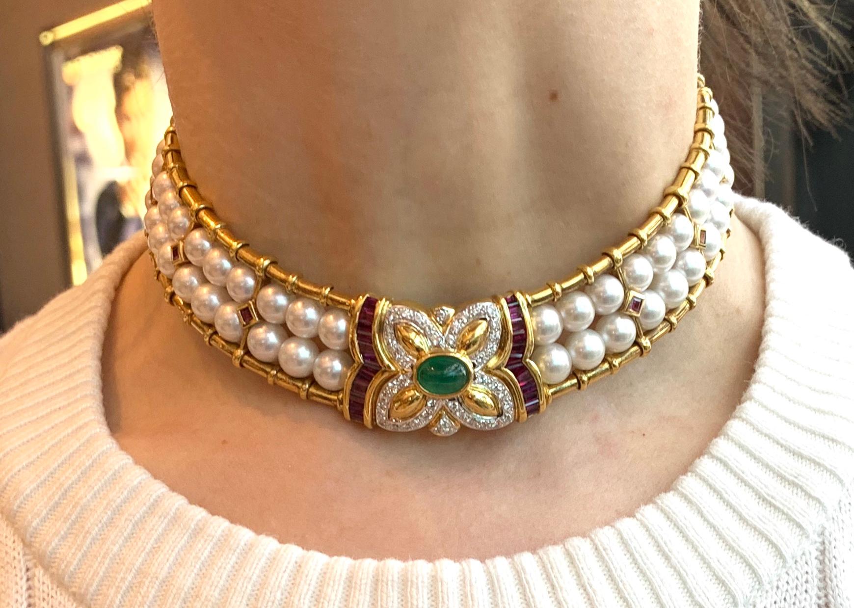 18 Karat Victorian Inspired Pearl, Diamond, Ruby and Emerald Choker Necklace 8
