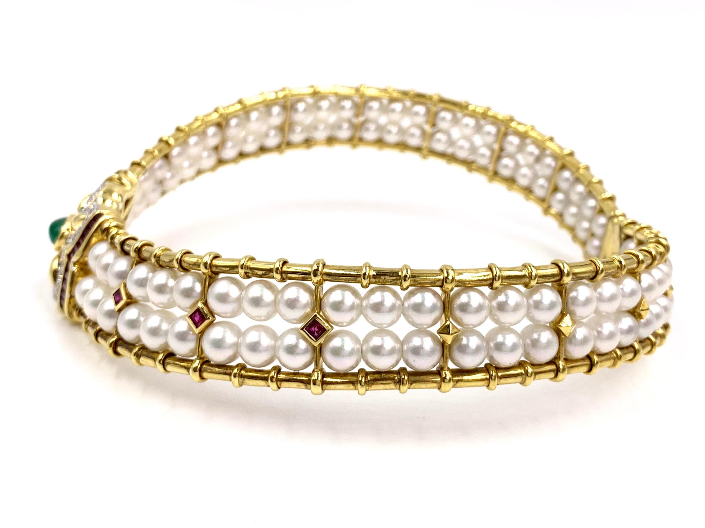 Women's 18 Karat Victorian Inspired Pearl, Diamond, Ruby and Emerald Choker Necklace
