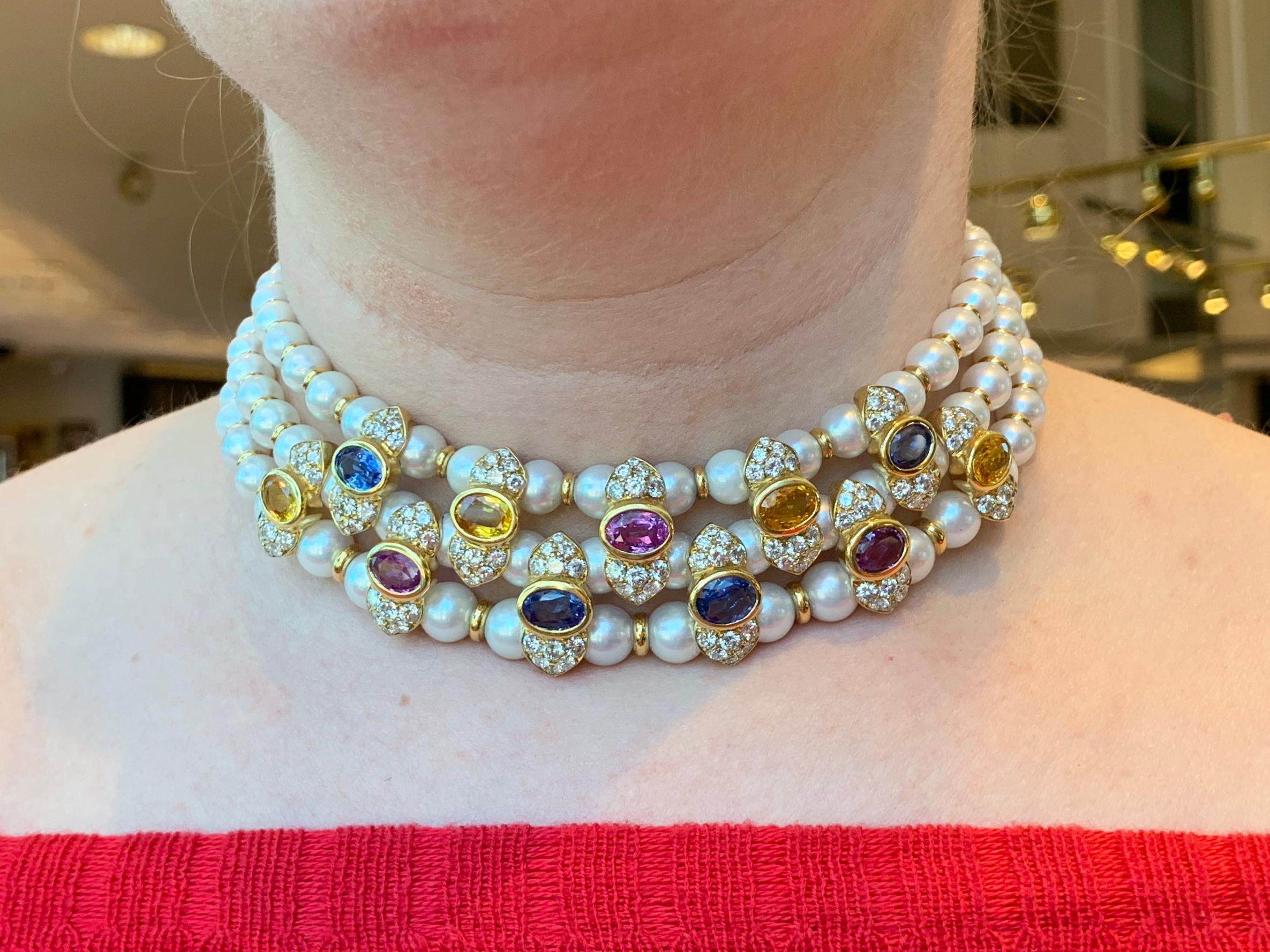 18 Karat Victorian Inspired Pearl, Sapphire and Diamond Choker Necklace For Sale 4