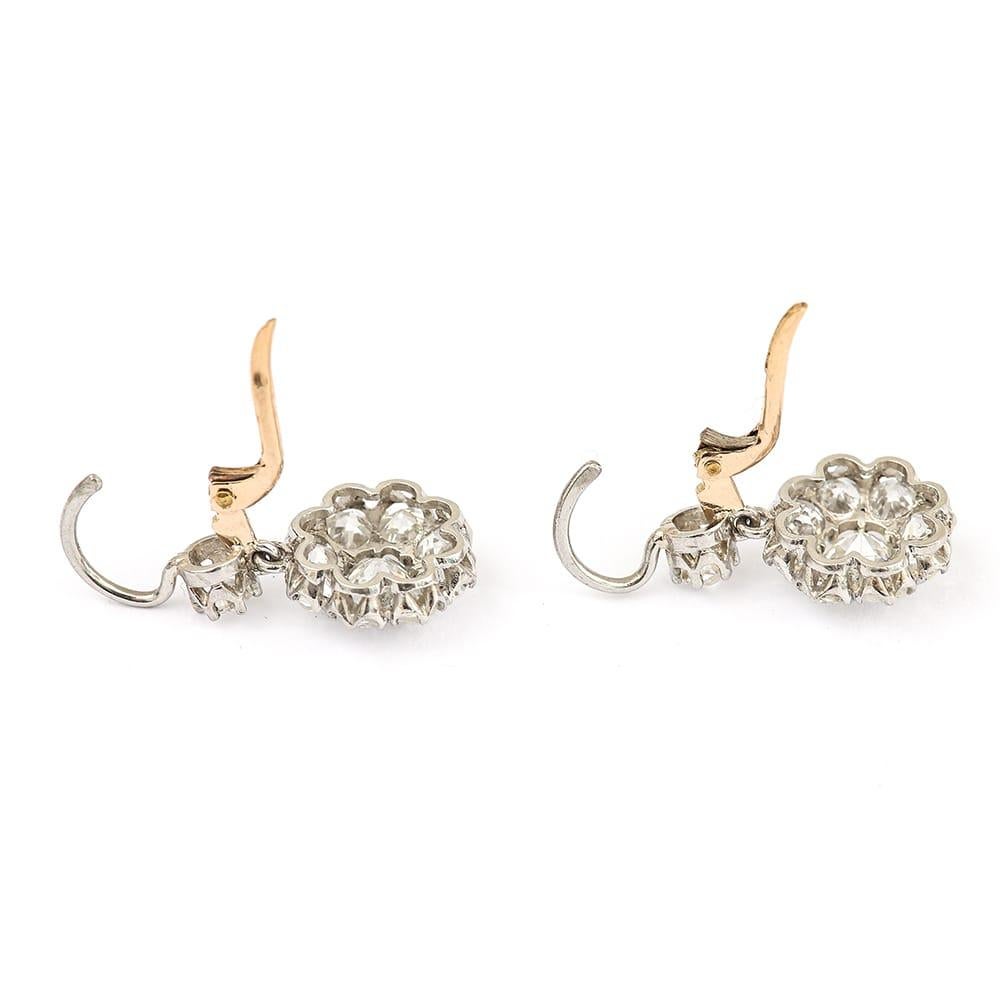 Women's Victorian 4.20 Carat Old European Cut Diamond Cluster Earrings in 18 Karat Gold 