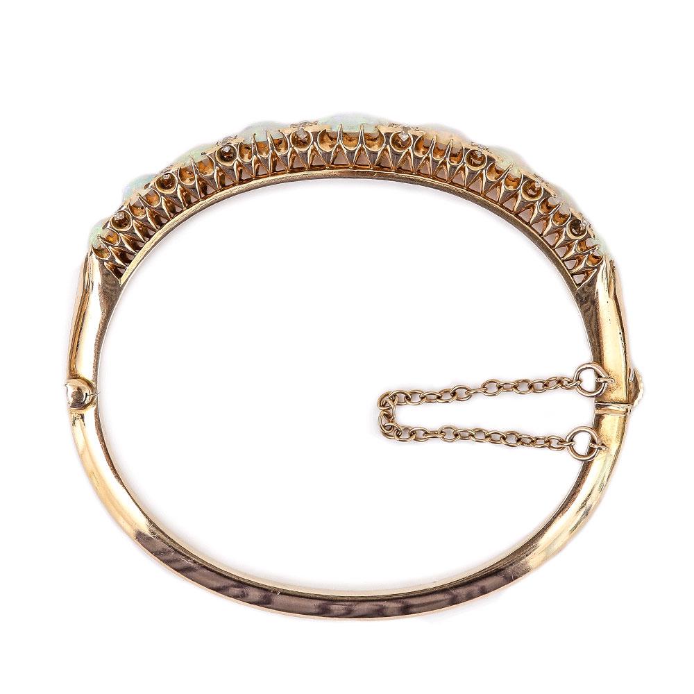 Victorian Antique Opal and Diamond Bangle Bracelet 18 Karat Yellow Gold 2