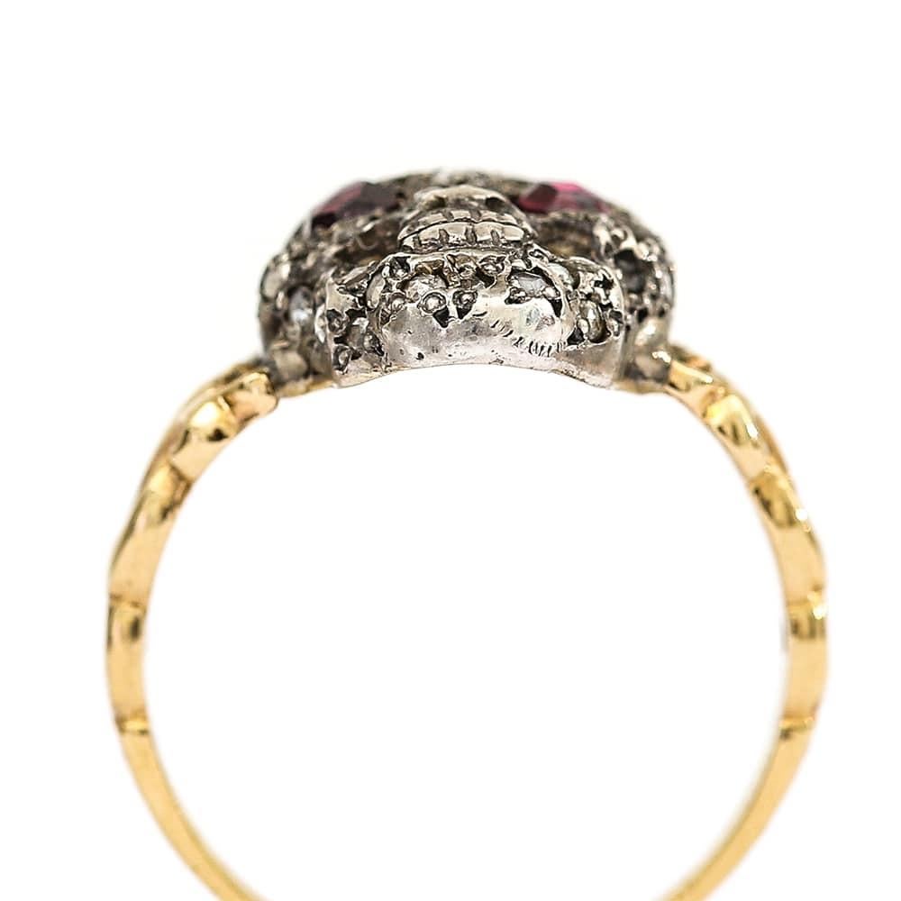 Late Victorian Victorian Style Momento Mori Rose Cut Ruby and Diamond Skull Ring 18 Karat Gold 
