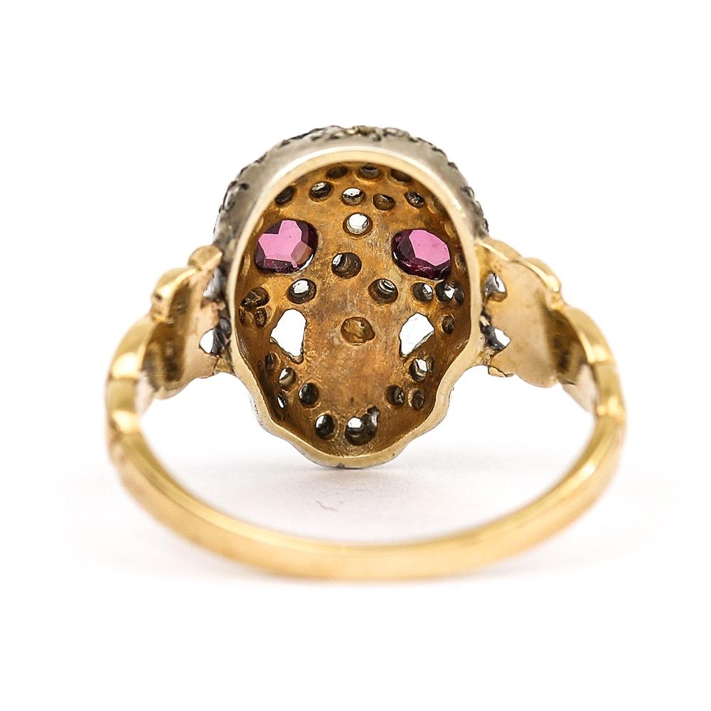 Victorian Style Momento Mori Rose Cut Ruby and Diamond Skull Ring 18 Karat Gold  In Good Condition In Lancashire, Oldham