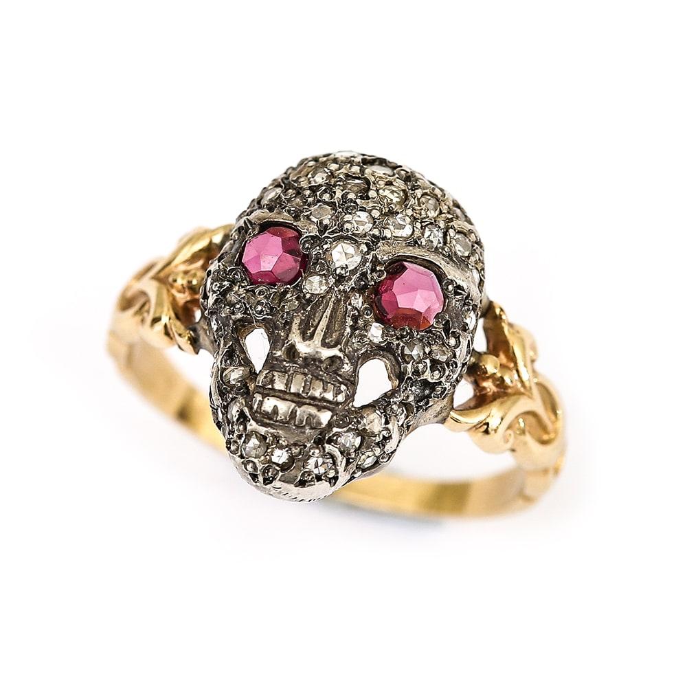 Women's or Men's Victorian Style Momento Mori Rose Cut Ruby and Diamond Skull Ring 18 Karat Gold 