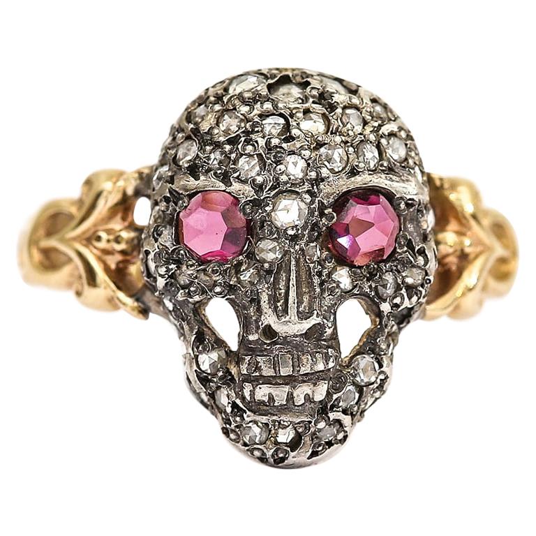 Victorian Style Momento Mori Rose Cut Ruby and Diamond Skull Ring 18 Karat Gold 