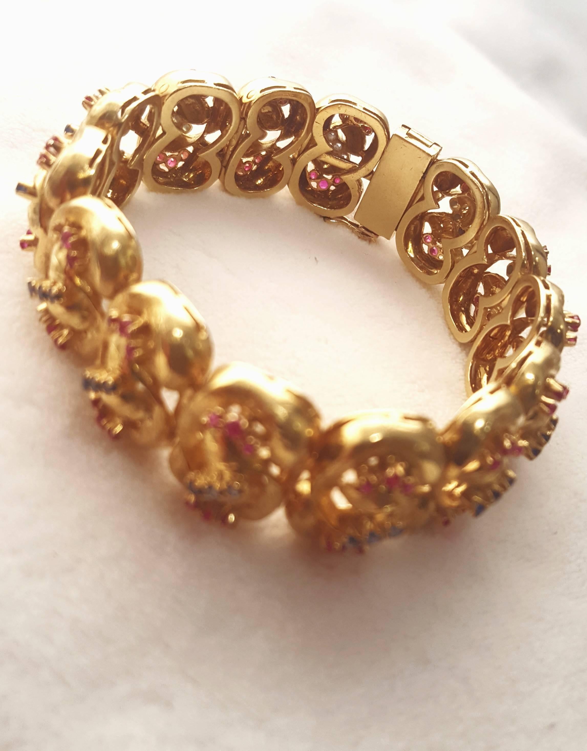 This fabulous 18 karat yellow gold bracelet was meticulously crafted in Italy in the 1970s.  Purchased at a Christies Auction in 1989 for $9500 when gold sold under $400 an ounce (April 27, 2018 it is $1326.60)! Every sensually curved link is