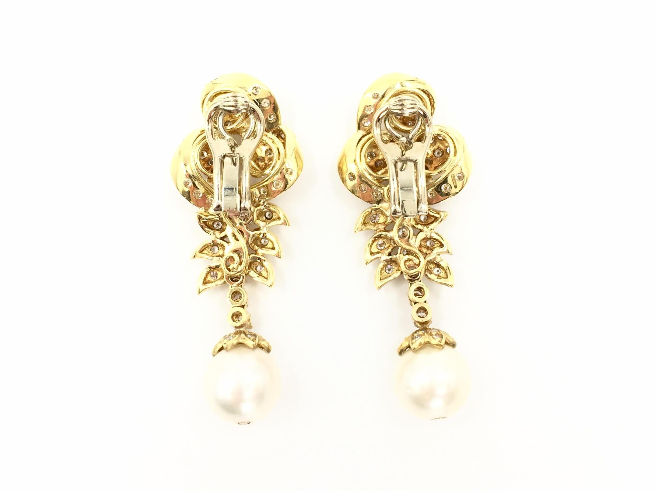 18 Karat Vintage Diamond and Pearl Drop Earrings For Sale 2