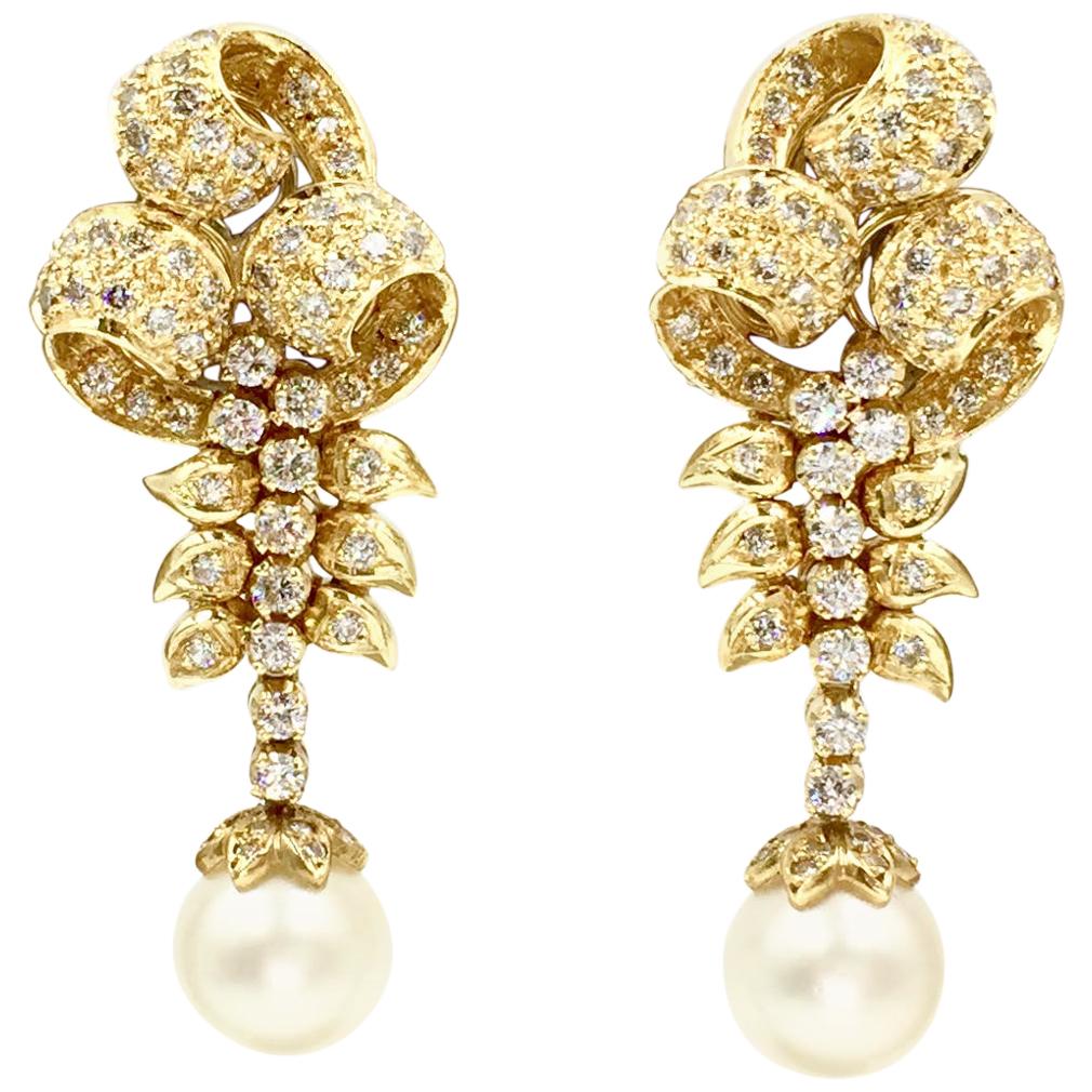 18 Karat Vintage Diamond and Pearl Drop Earrings For Sale