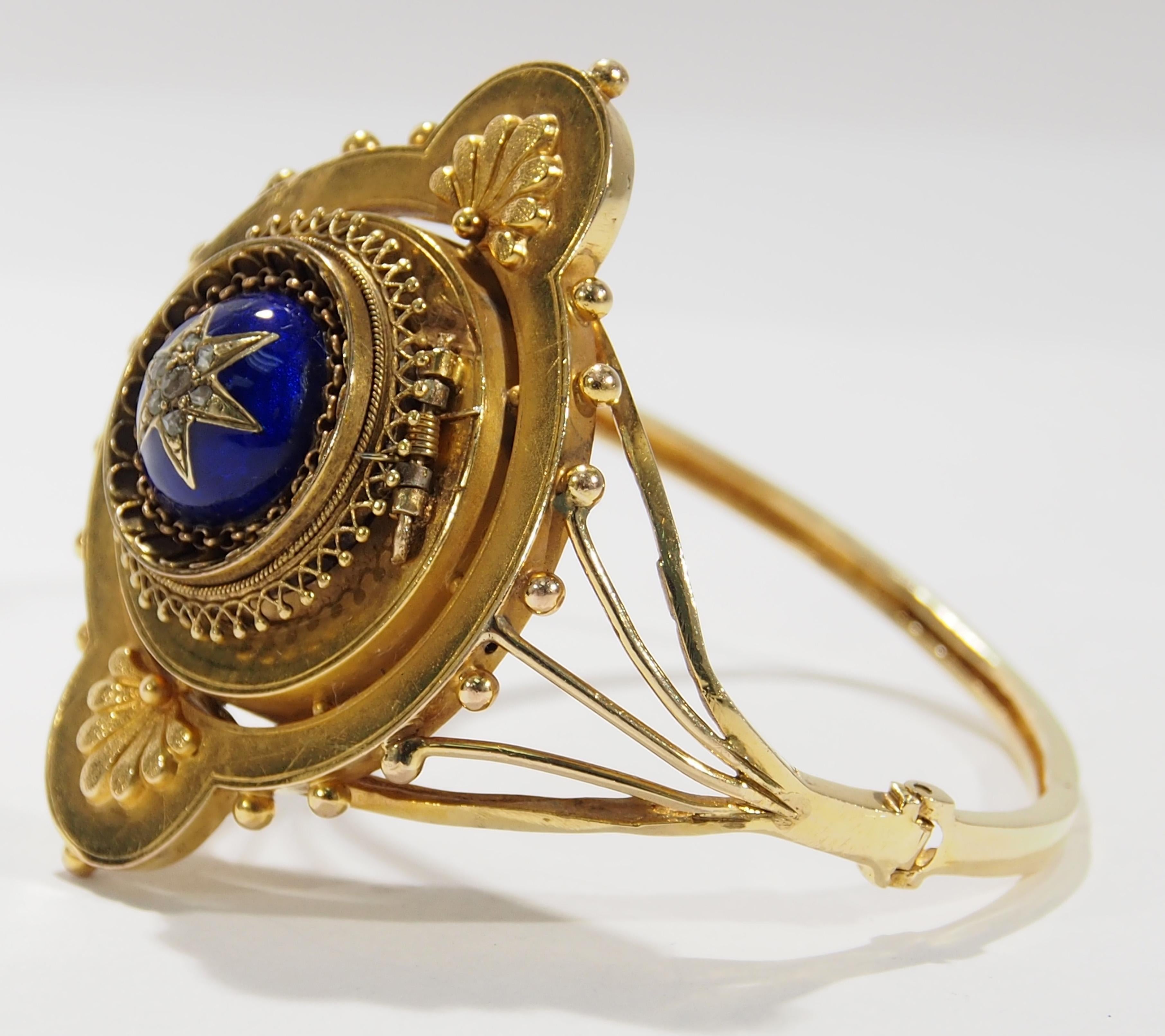 Edwardian 18 Karat Vintage Diamond Watch Bangle Yellow Gold Blue Enamel