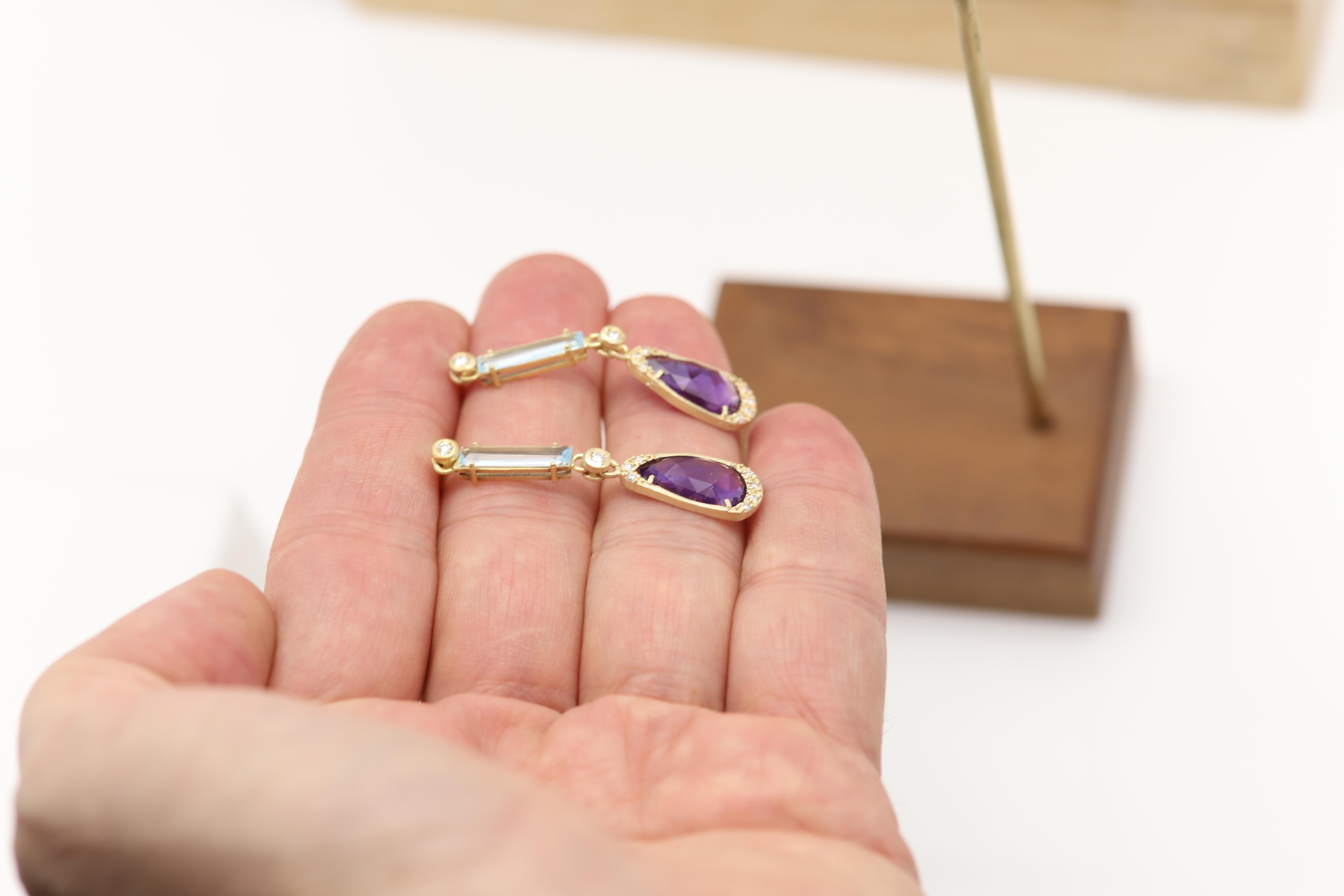 Pendientes de amatista vintage de oro amarillo de 18 quilates colgantes y diamantes naturales en venta 5