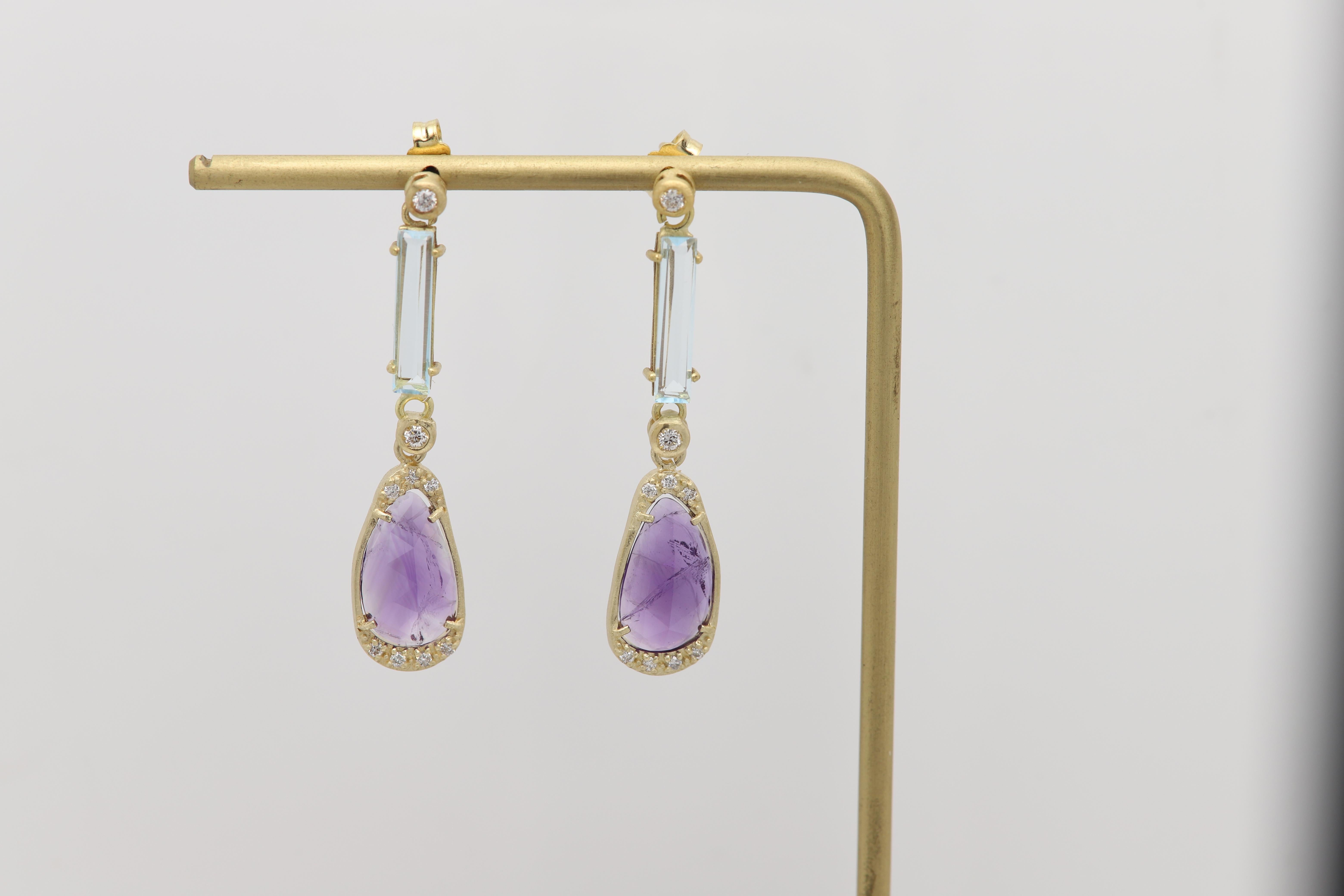 Pendientes de amatista vintage de oro amarillo de 18 quilates colgantes y diamantes naturales en venta 6