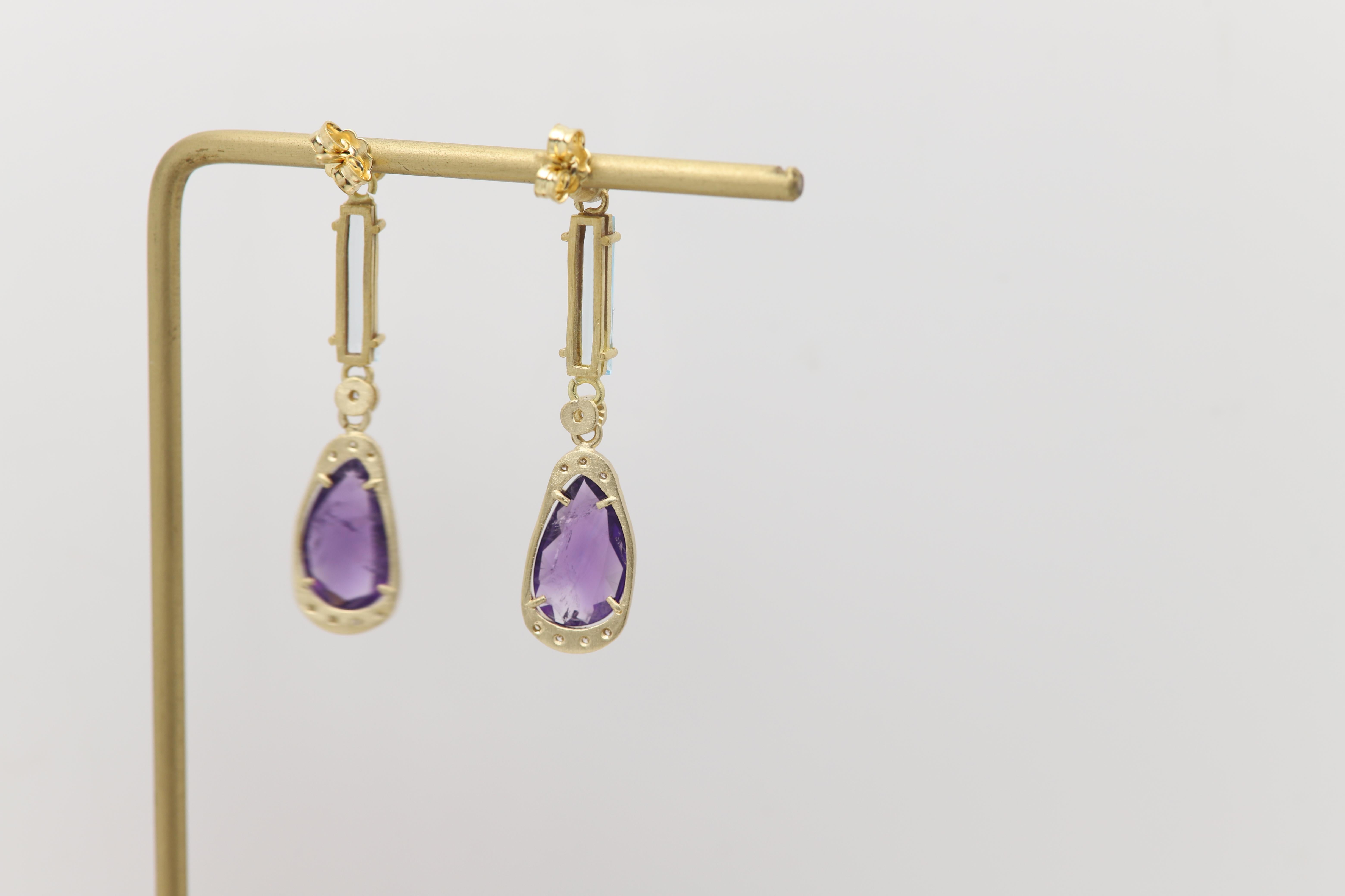 Pendientes de amatista vintage de oro amarillo de 18 quilates colgantes y diamantes naturales en venta 7