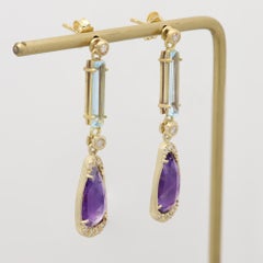 18k Vintage Dangle Earrings Yellow Gold Natural Diamonds and Amethyst