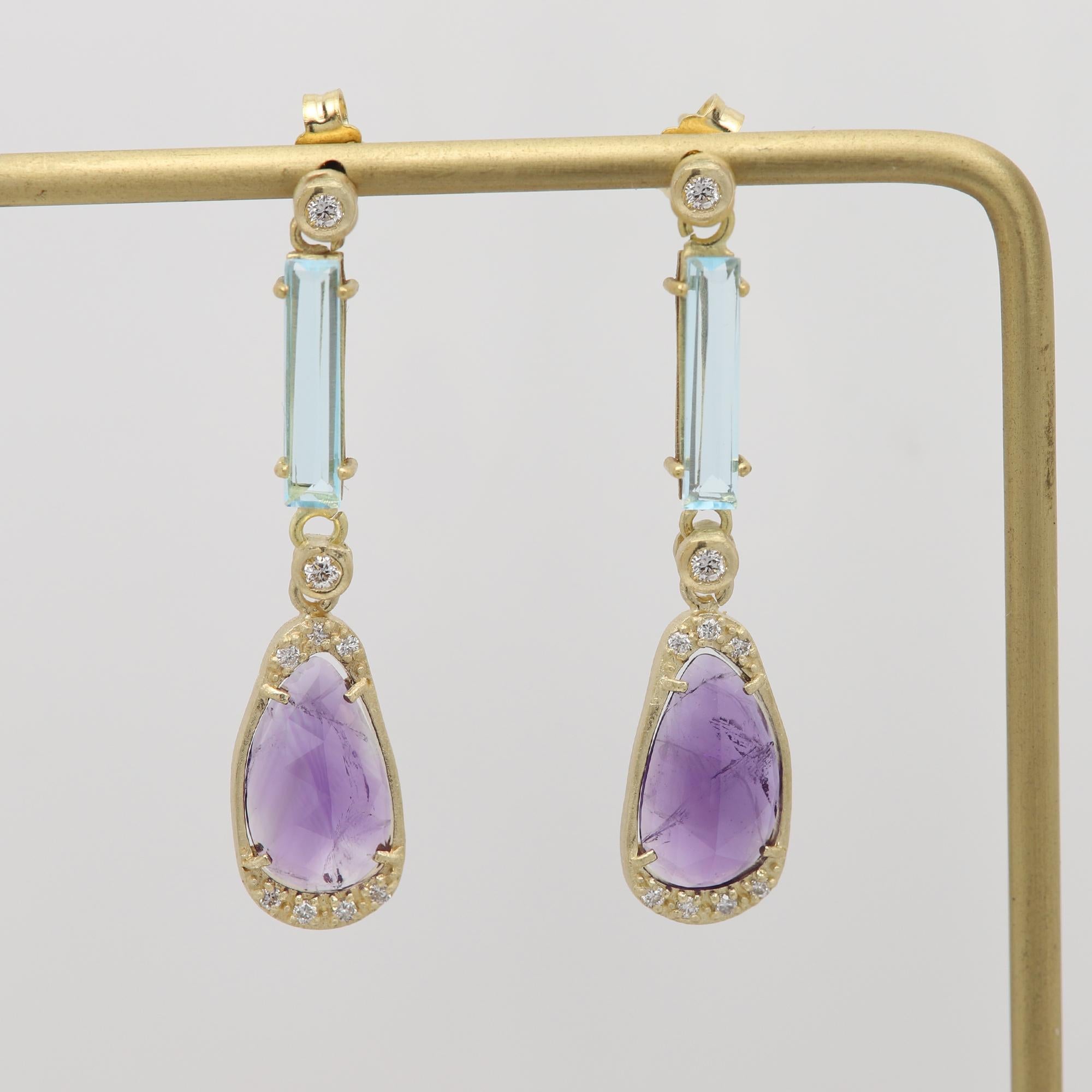 Pendientes de amatista vintage de oro amarillo de 18 quilates colgantes y diamantes naturales Corte europeo antiguo en venta