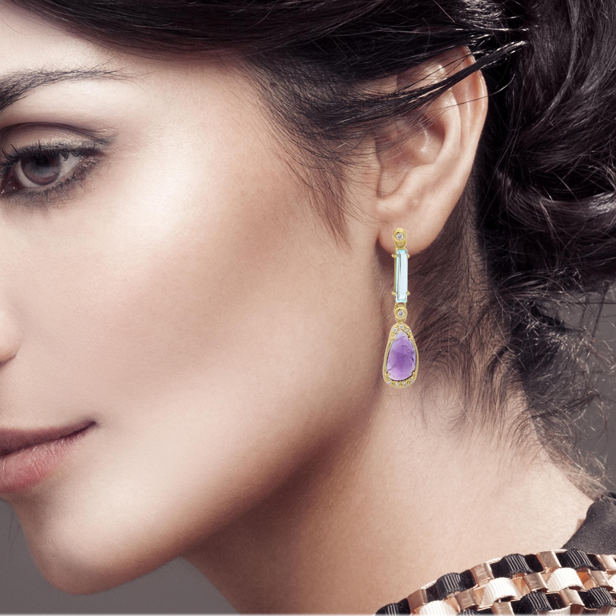 Pendientes de amatista vintage de oro amarillo de 18 quilates colgantes y diamantes naturales en Nuevo estado para la venta en Brooklyn, NY