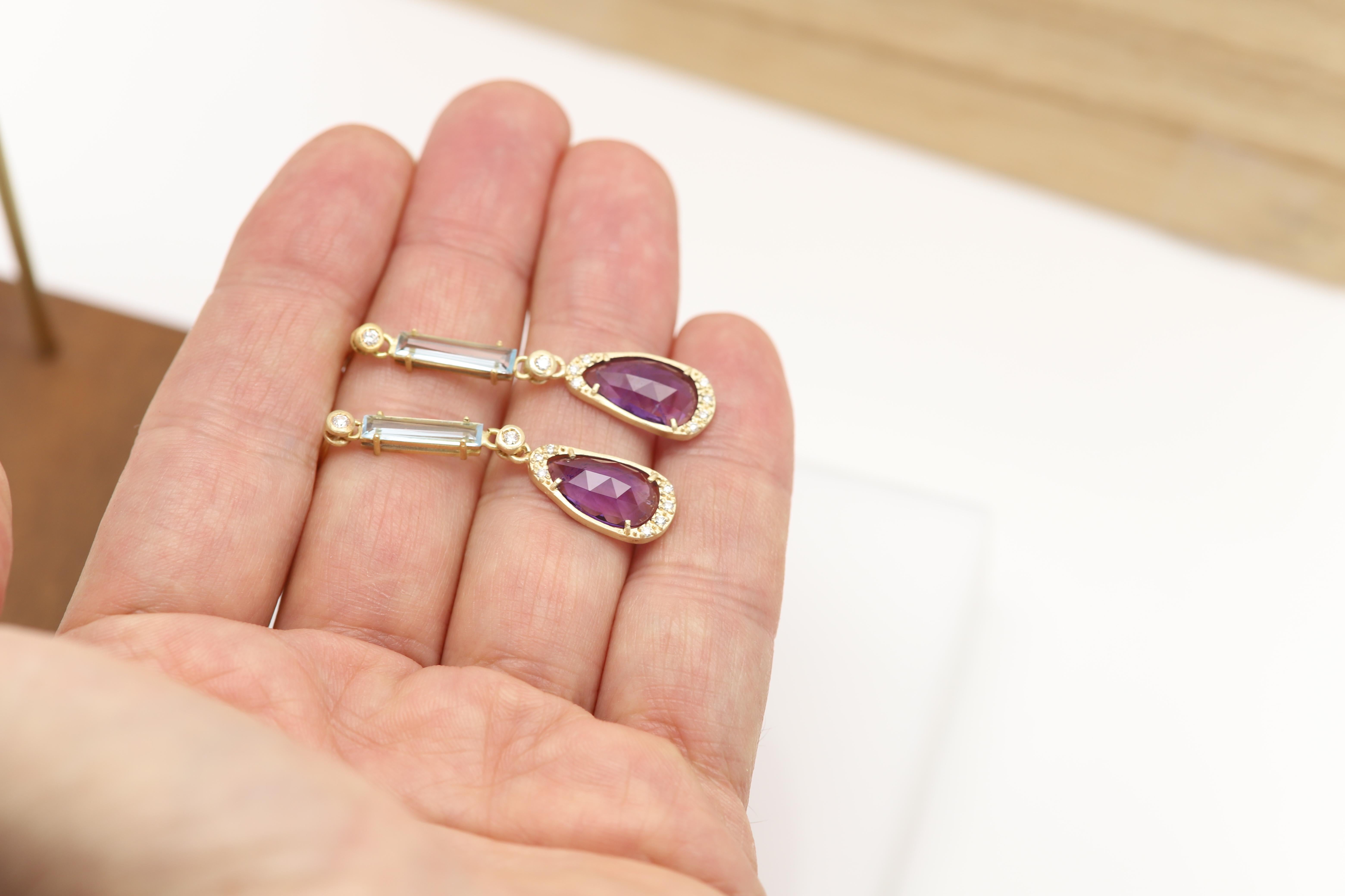 De las mujeres Pendientes de amatista vintage de oro amarillo de 18 quilates colgantes y diamantes naturales en venta