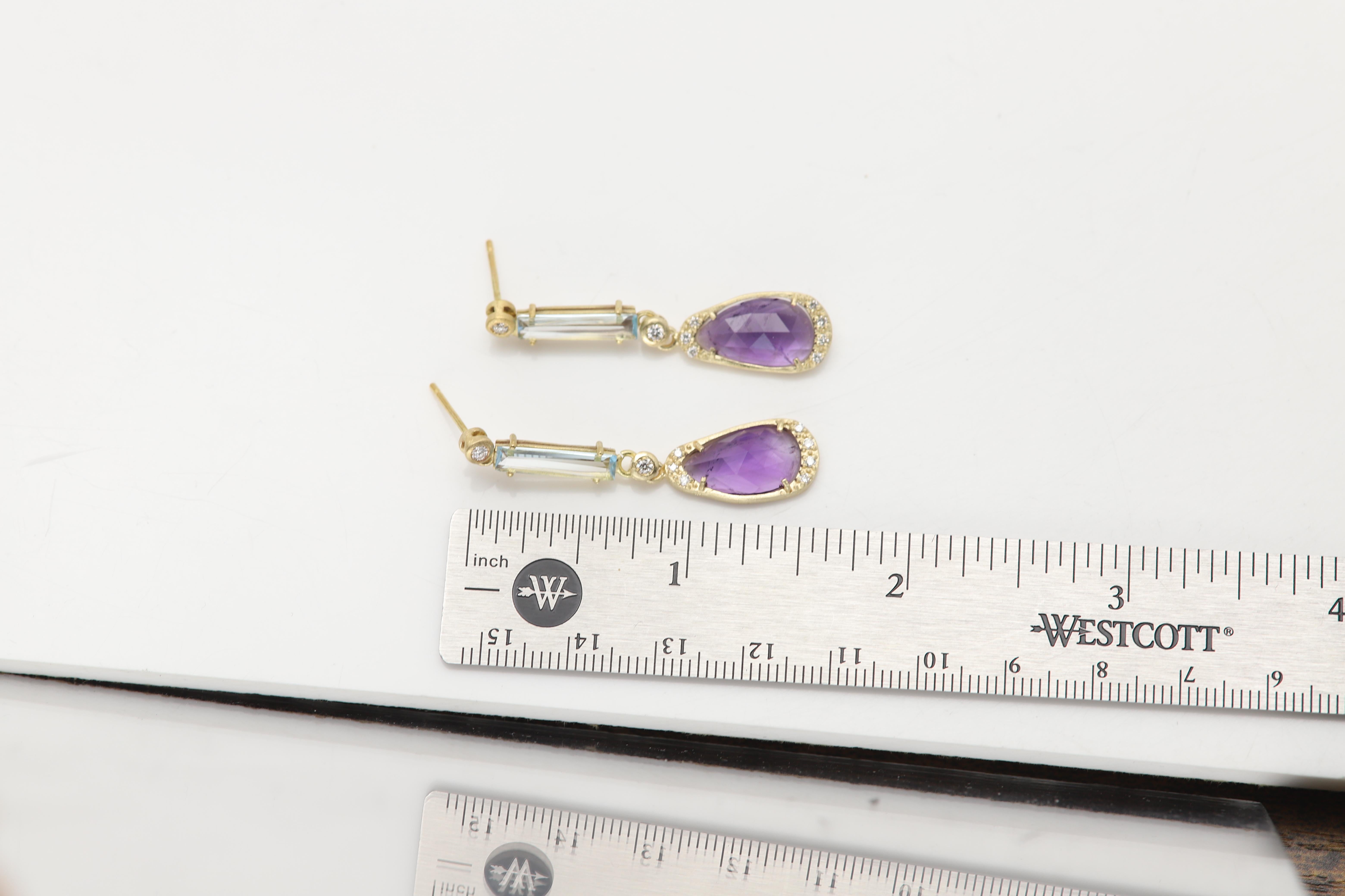 Pendientes de amatista vintage de oro amarillo de 18 quilates colgantes y diamantes naturales en venta 1