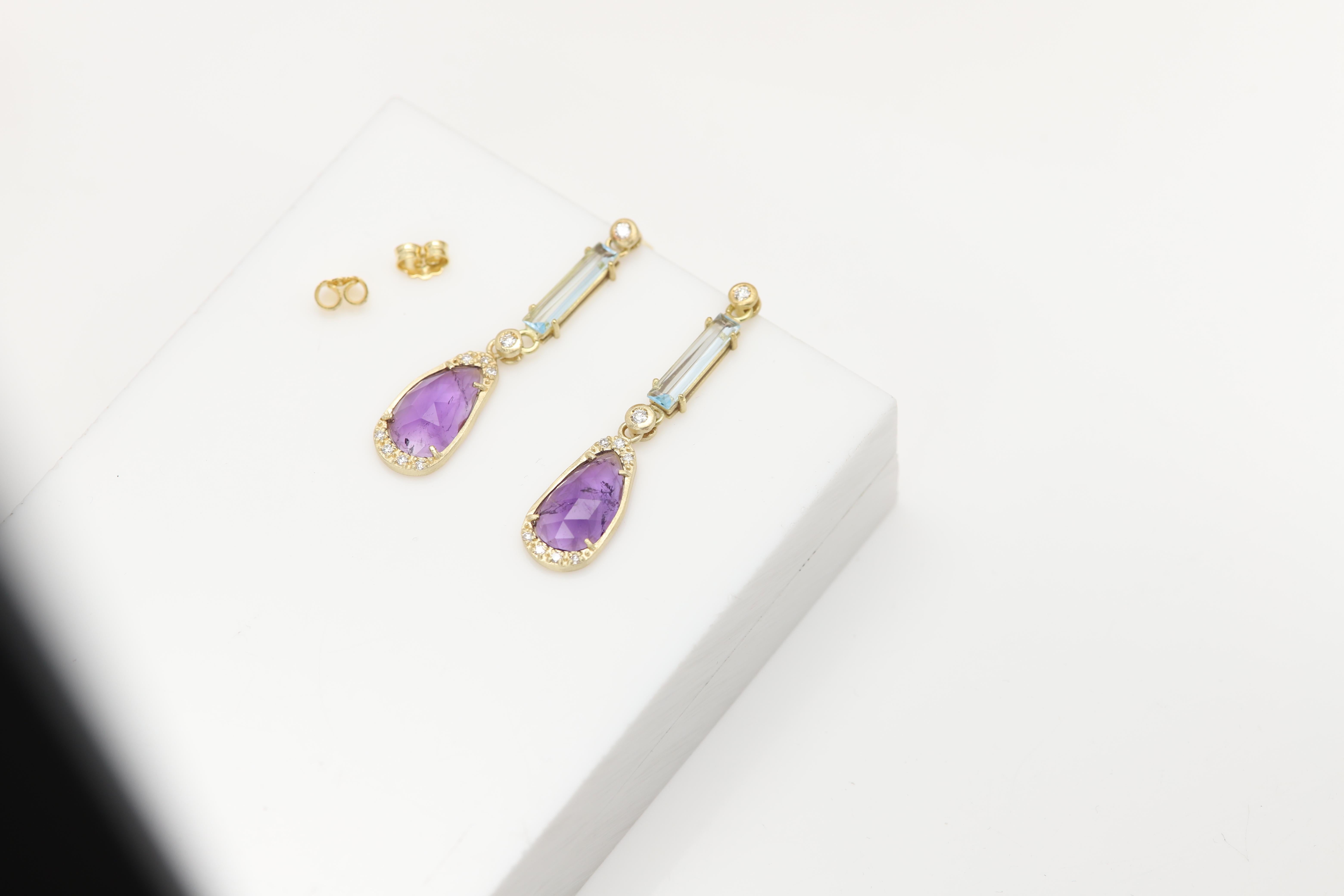 Pendientes de amatista vintage de oro amarillo de 18 quilates colgantes y diamantes naturales en venta 2