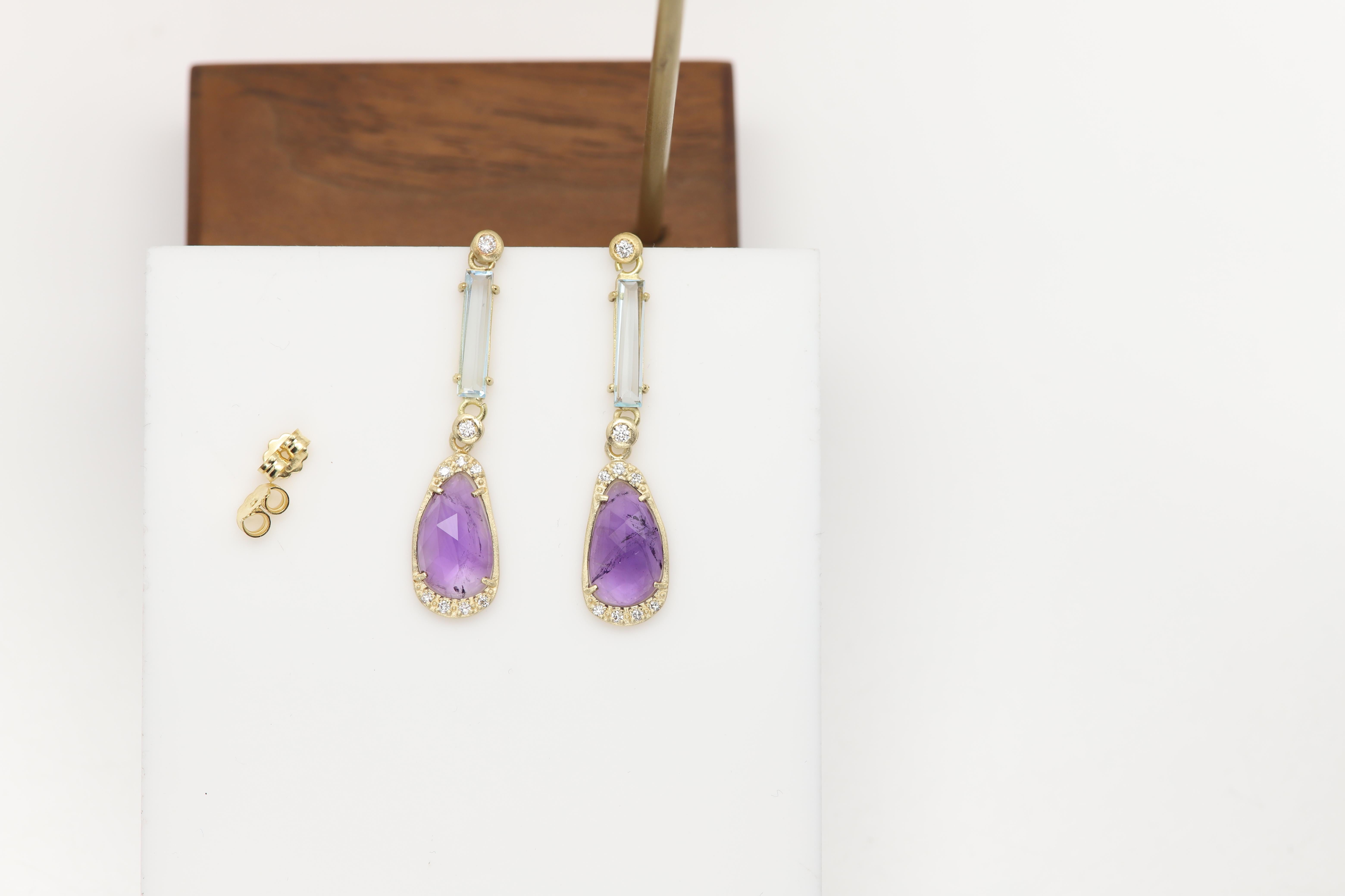 Pendientes de amatista vintage de oro amarillo de 18 quilates colgantes y diamantes naturales en venta 3